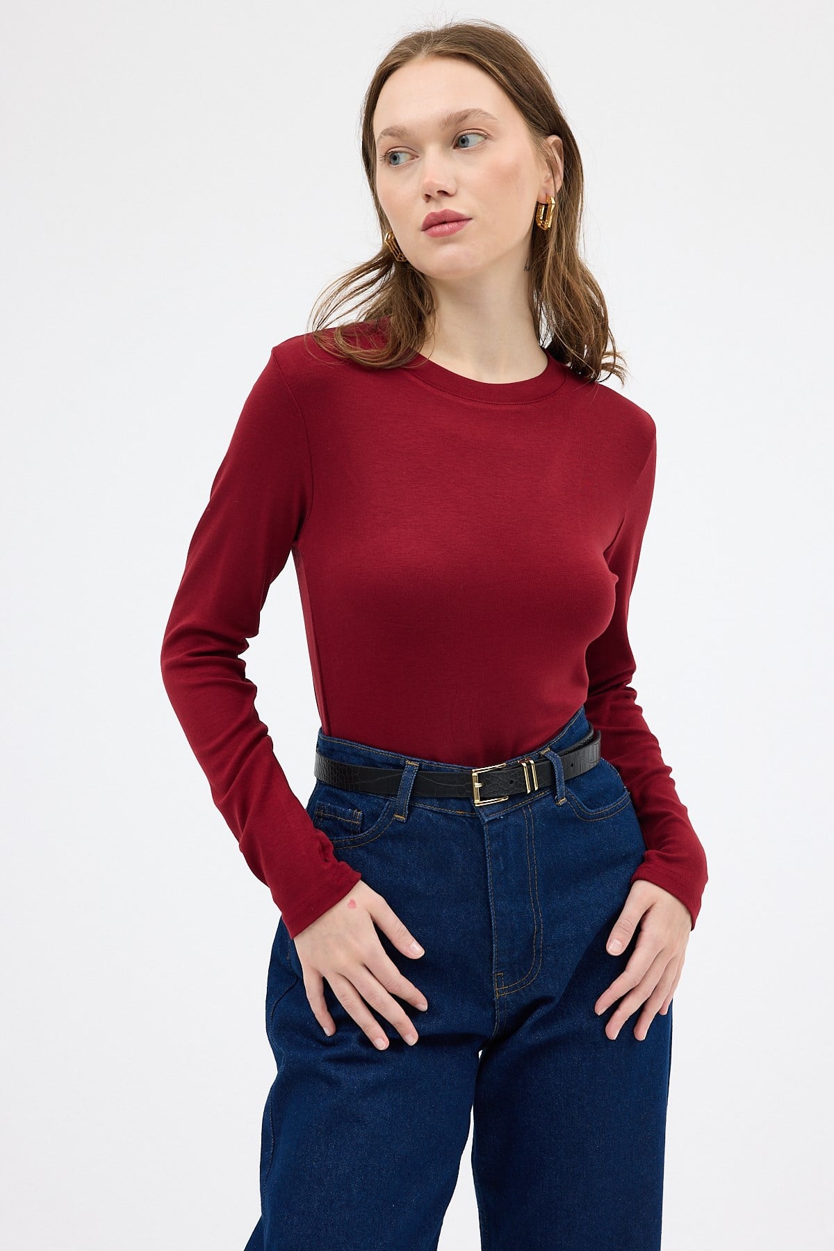 Bordo Premium/Viskoz Yumuşak Kumaşlı Parmak Geçmeli Crop Bluz 8162A
