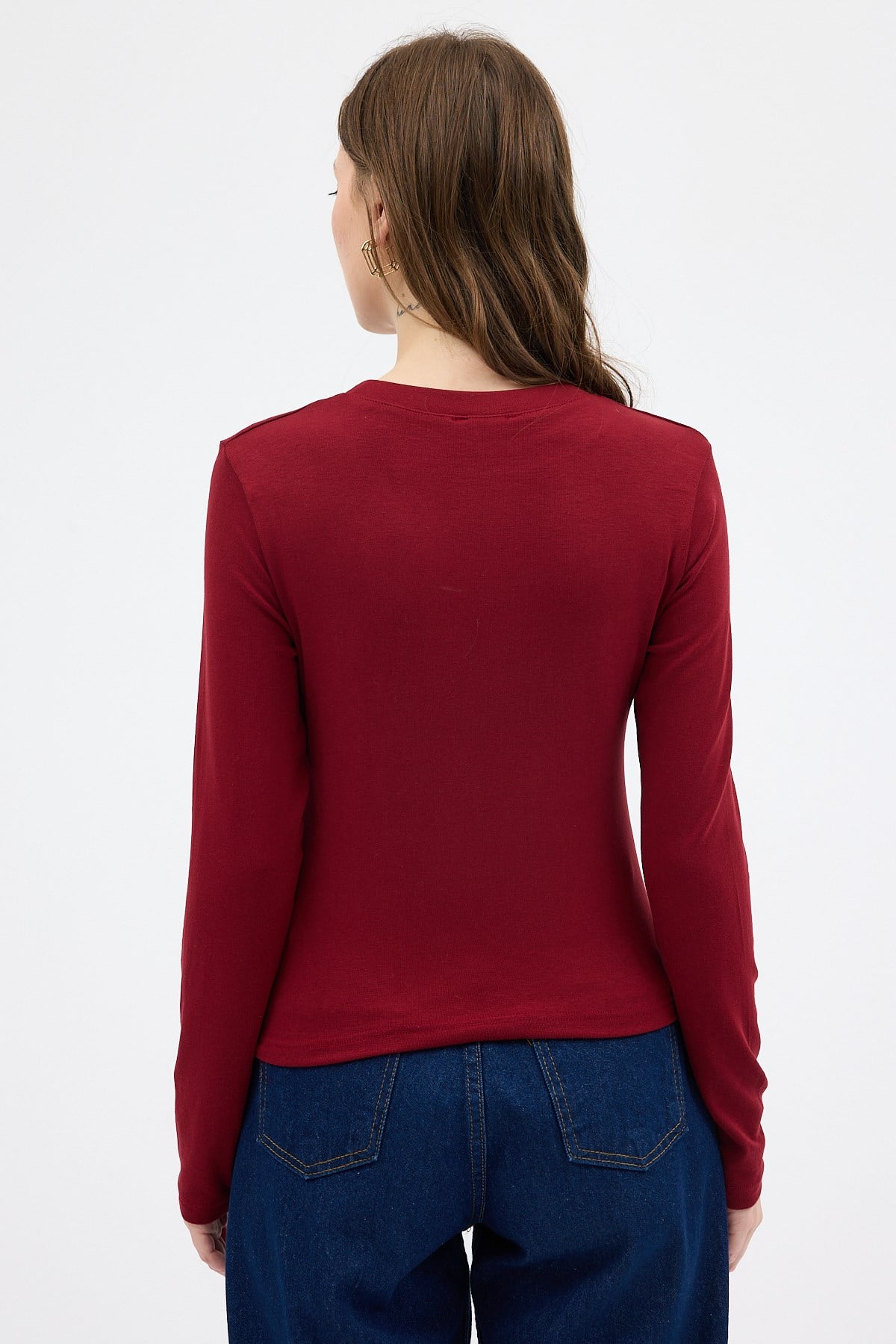 Bordo Premium/Viskoz Yumuşak Kumaşlı Parmak Geçmeli Crop Bluz 8162A