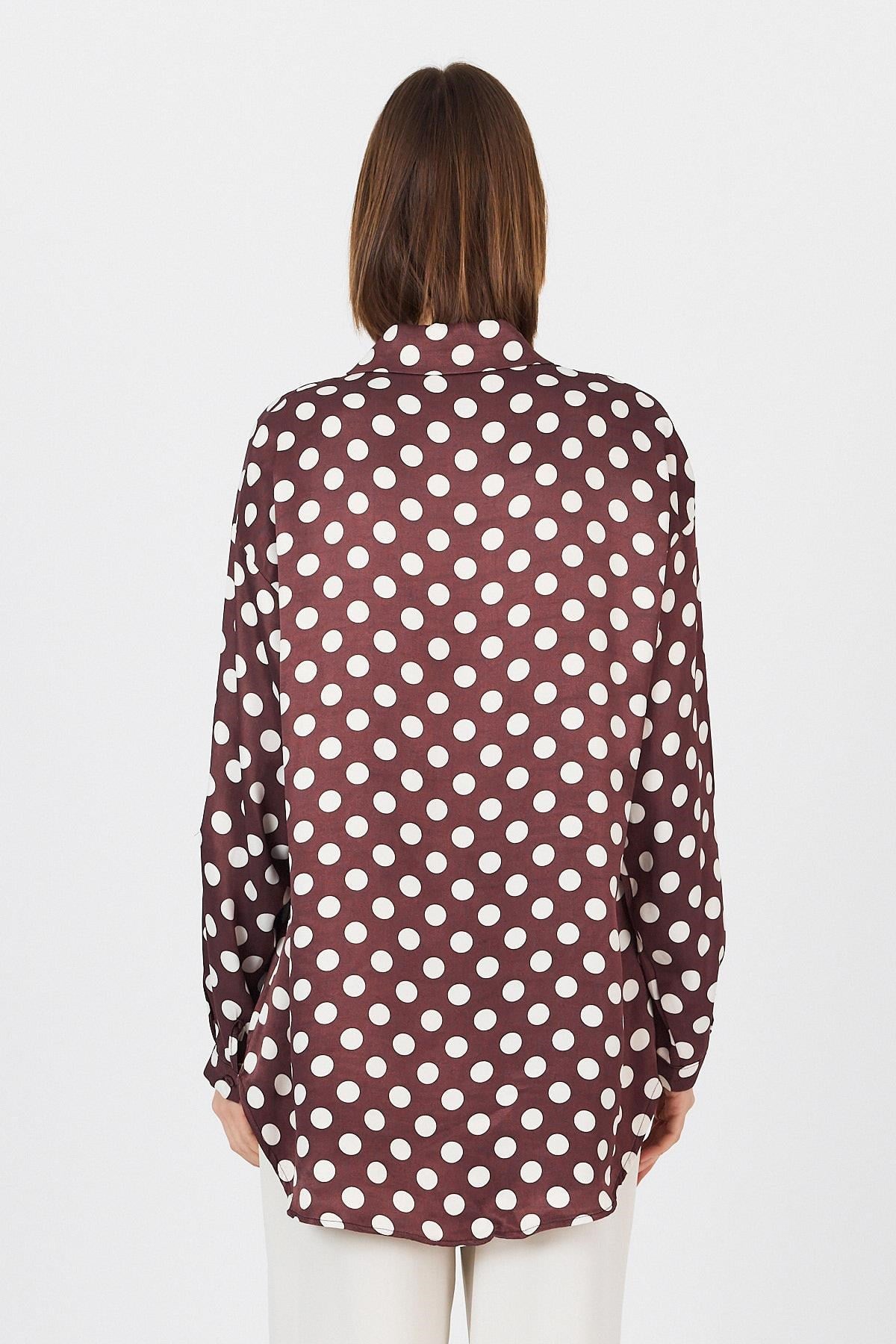 Bordo Puantiye Desen Oversize Saten Gömlek 9411