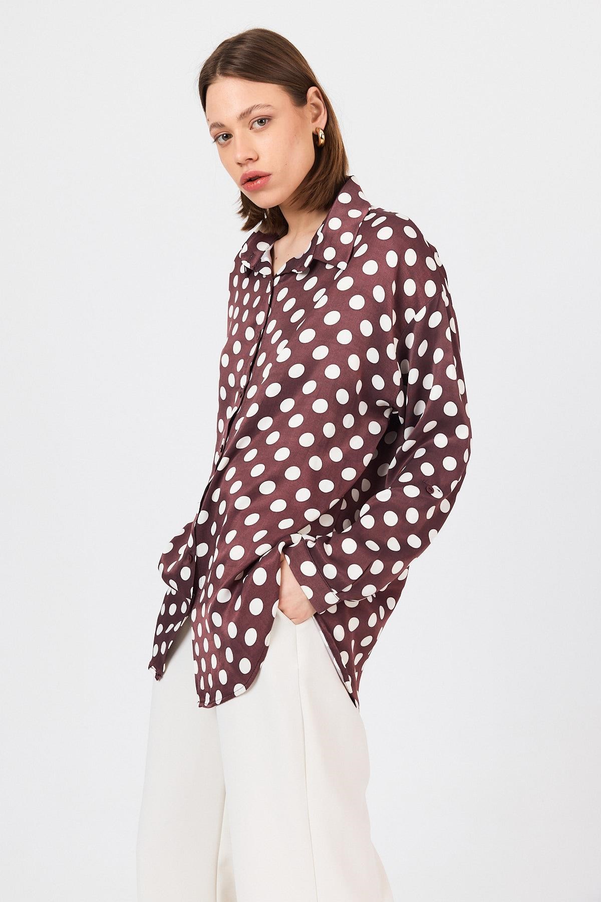 Bordo Puantiye Desen Oversize Saten Gömlek 9411