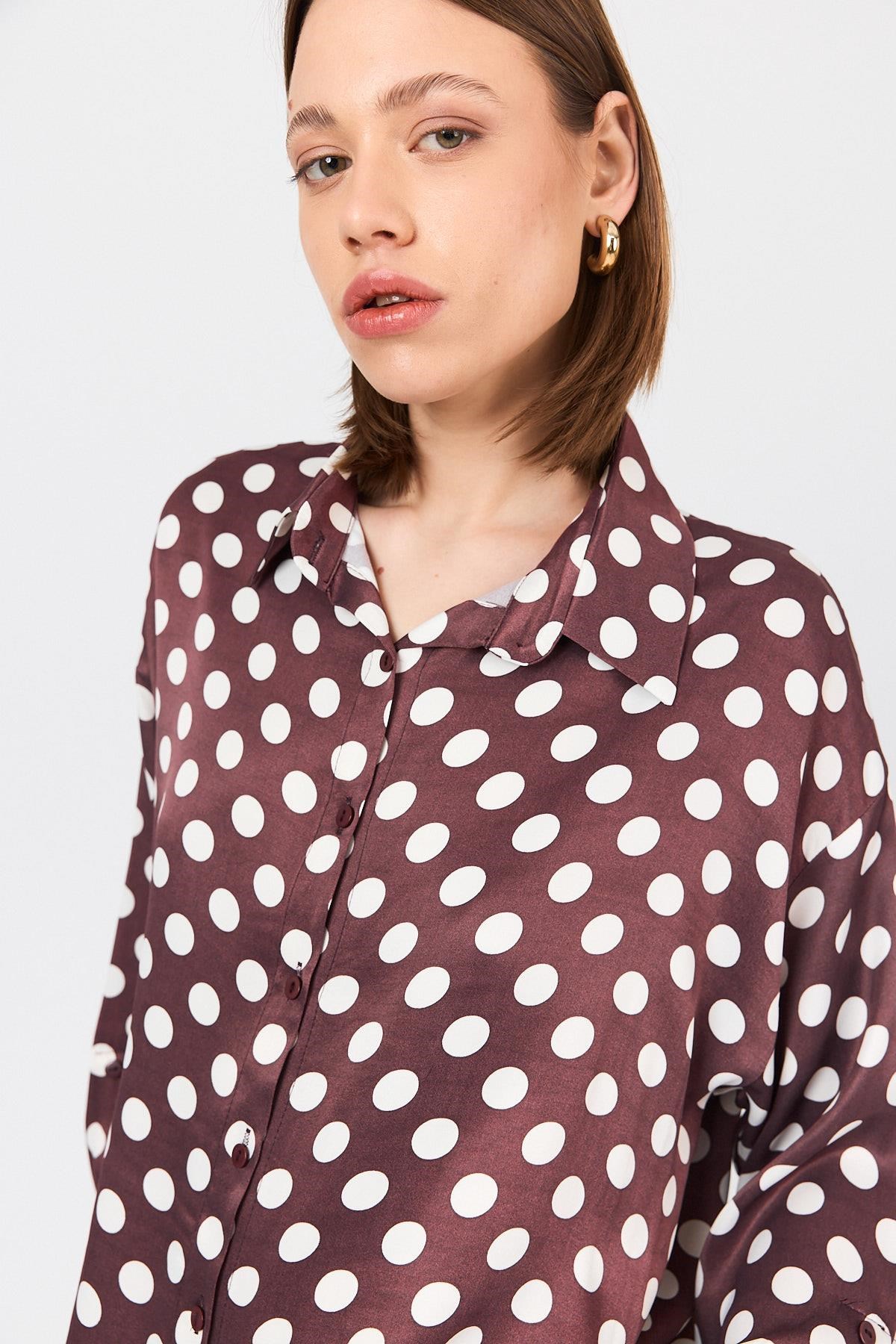 Bordo Puantiye Desen Oversize Saten Gömlek 9411