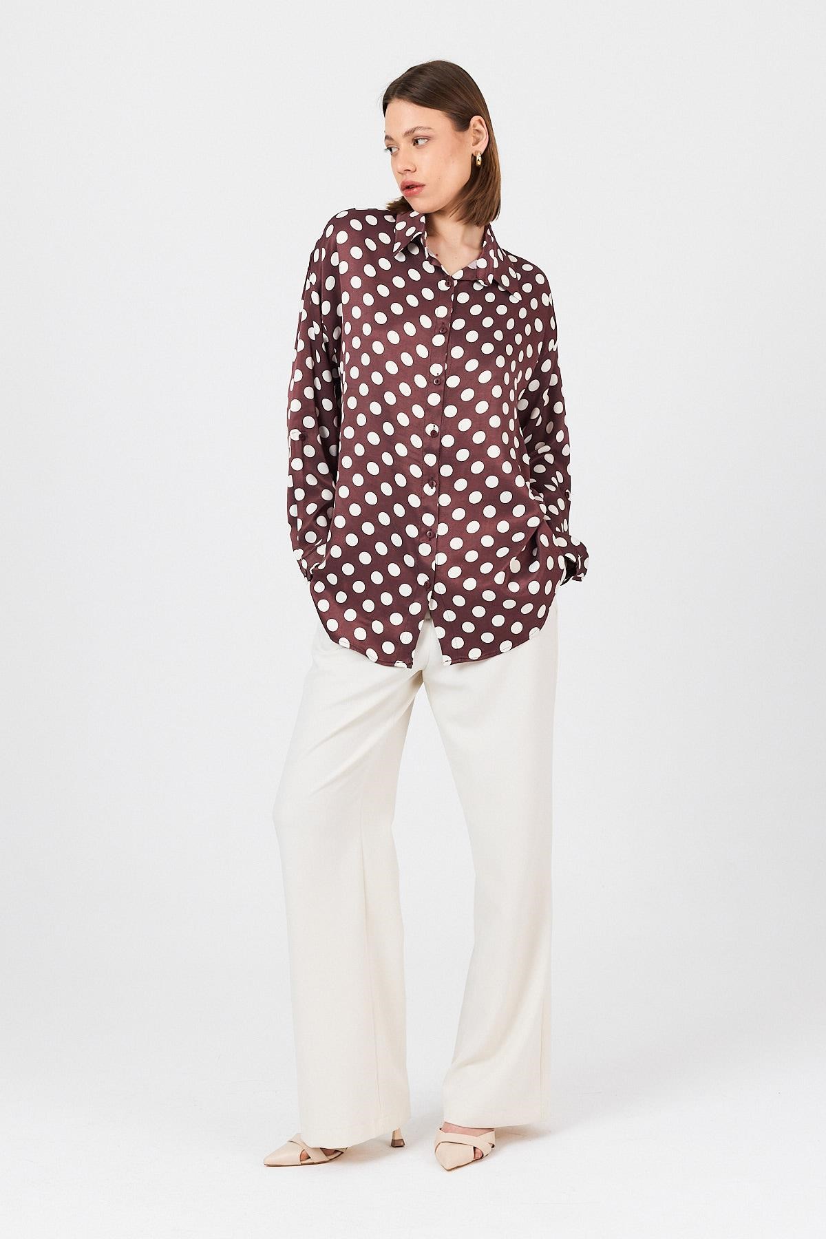 Bordo Puantiye Desen Oversize Saten Gömlek 9411