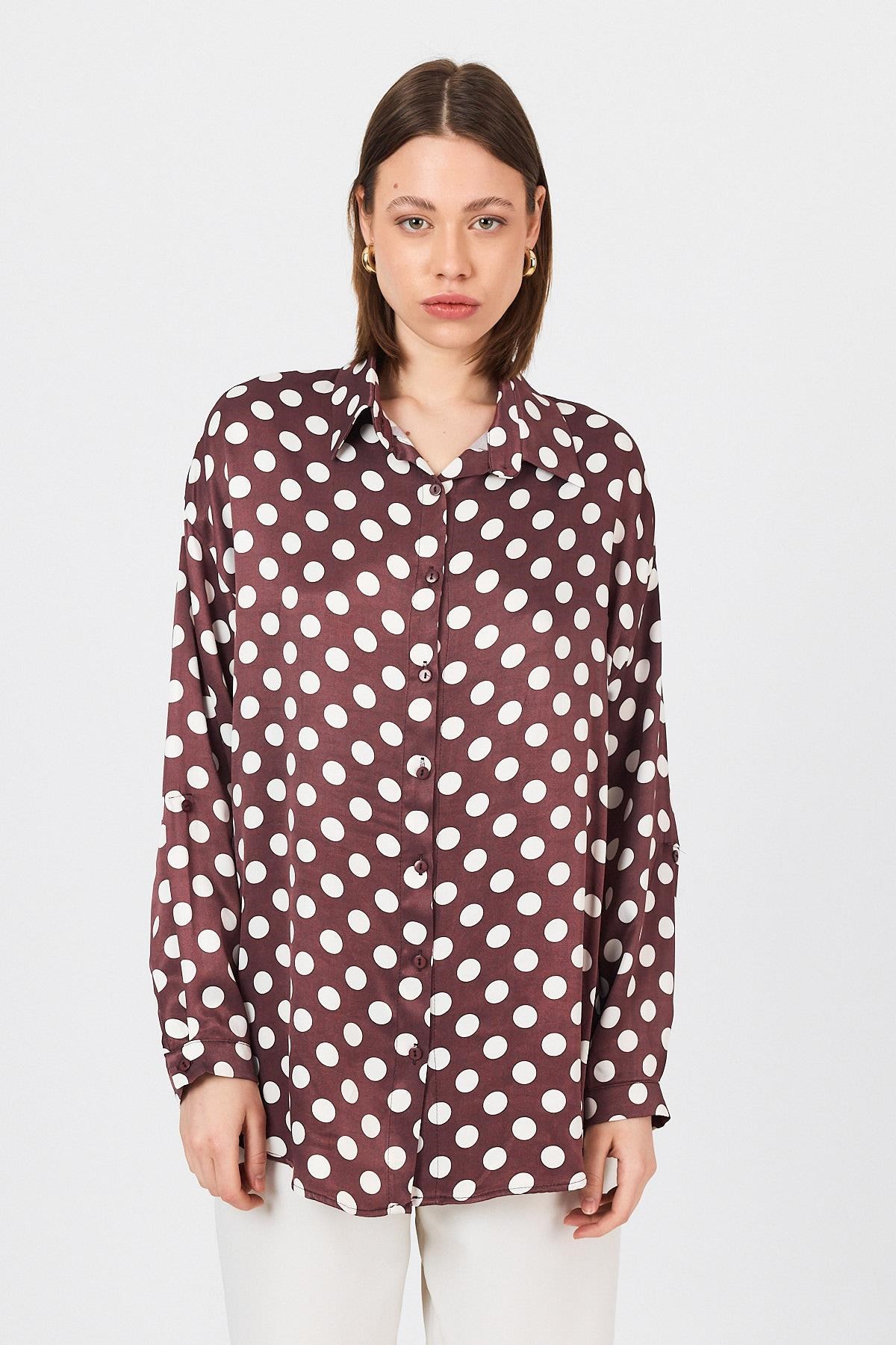 Bordo Puantiye Desen Oversize Saten Gömlek 9411