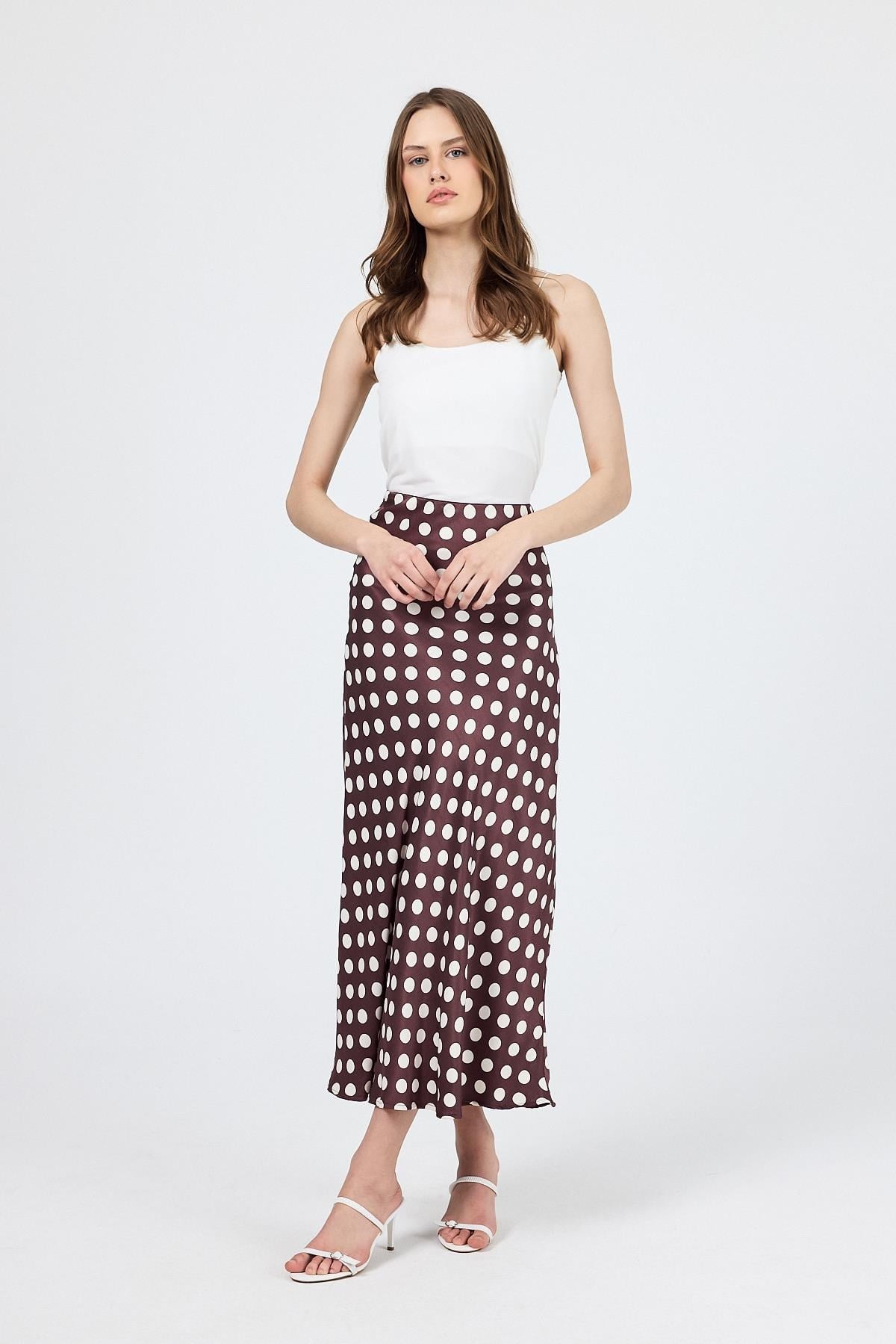Bordo Puantiye Desen Saten Midi Etek 9416