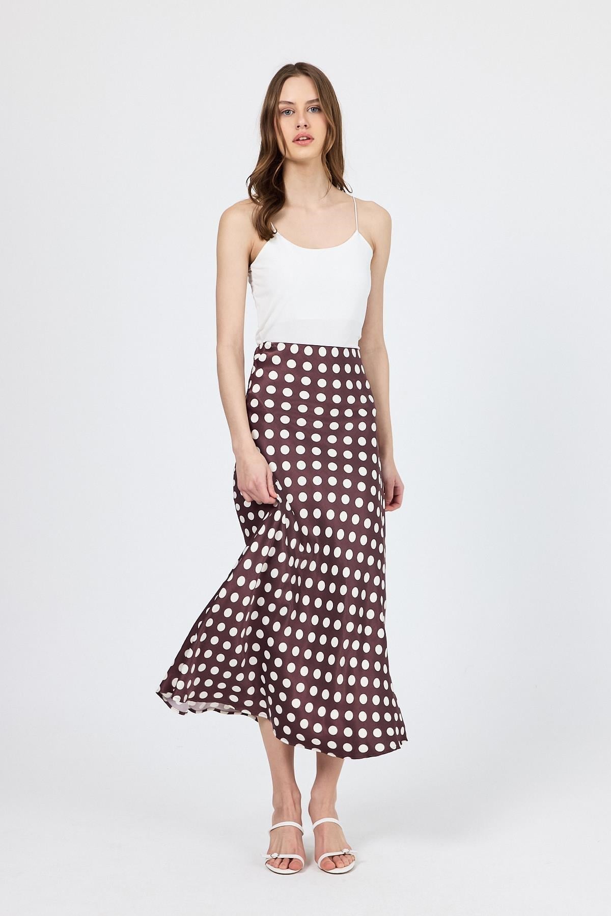 Bordo Puantiye Desen Saten Midi Etek 9416