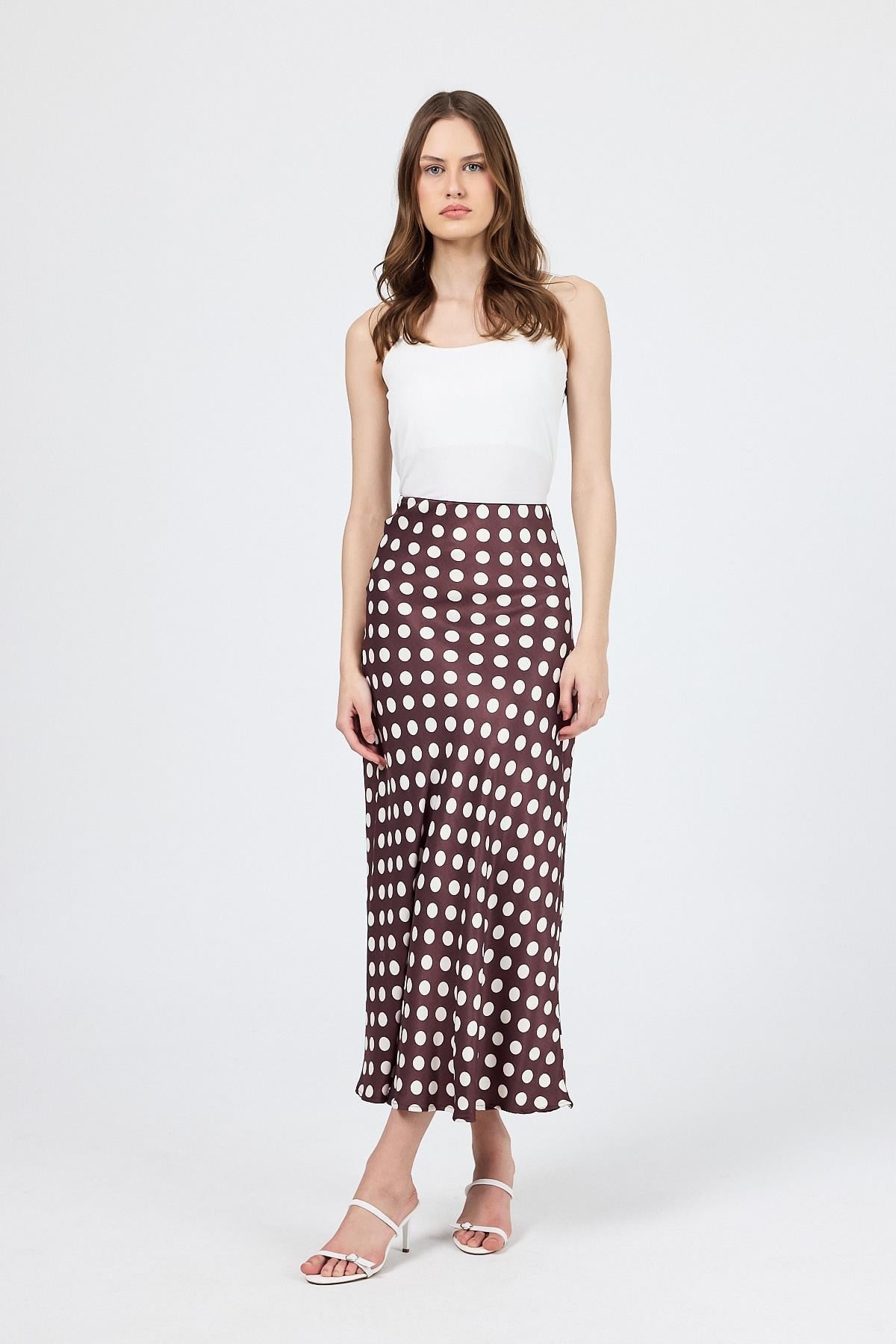 Bordo Puantiye Desen Saten Midi Etek 9416