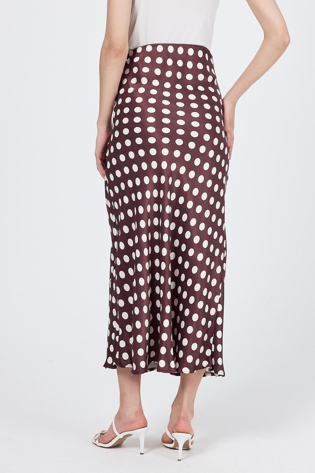 Bordo Puantiye Desen Saten Midi Etek 9416