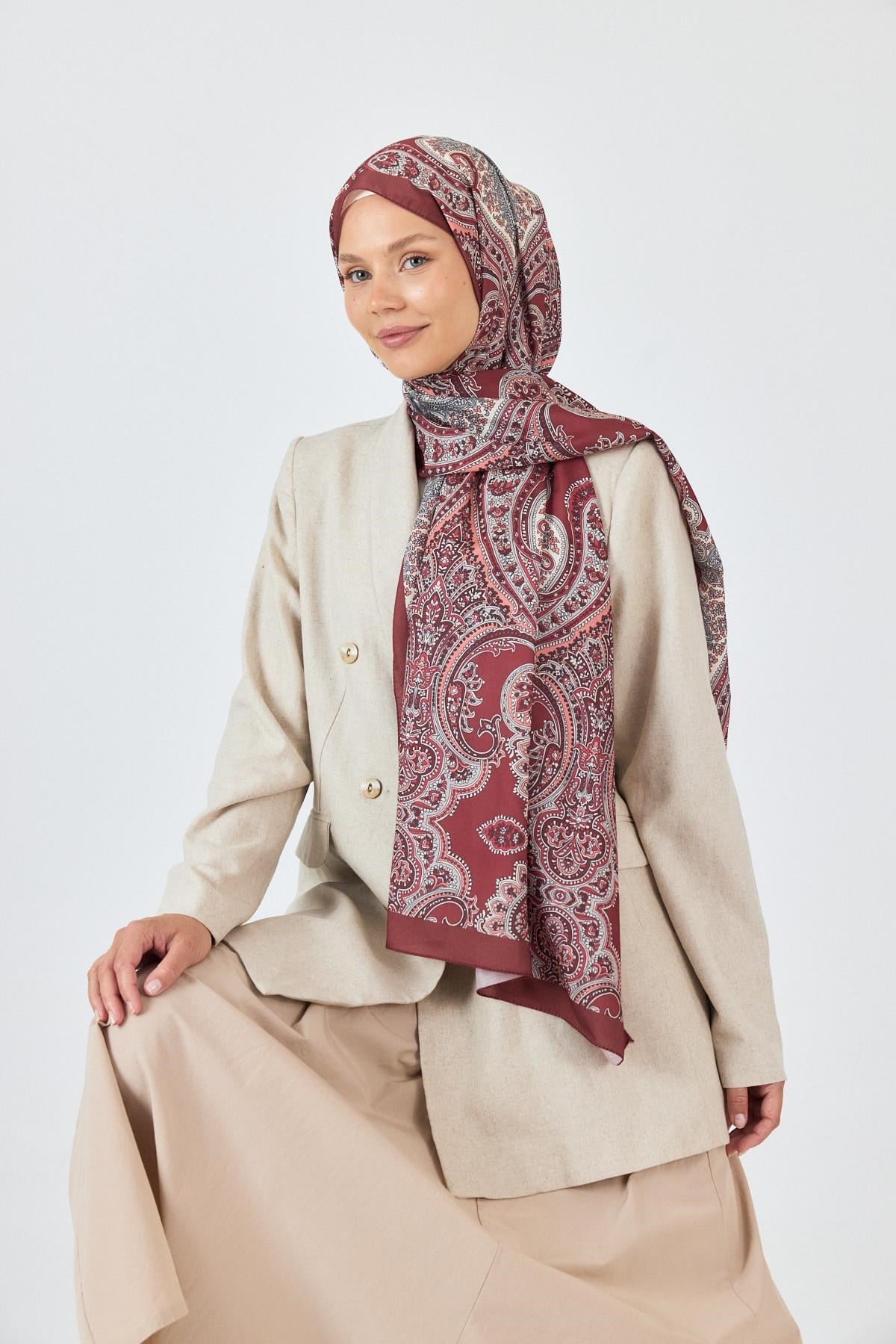 Bordo Retro Desenli Şal 4002