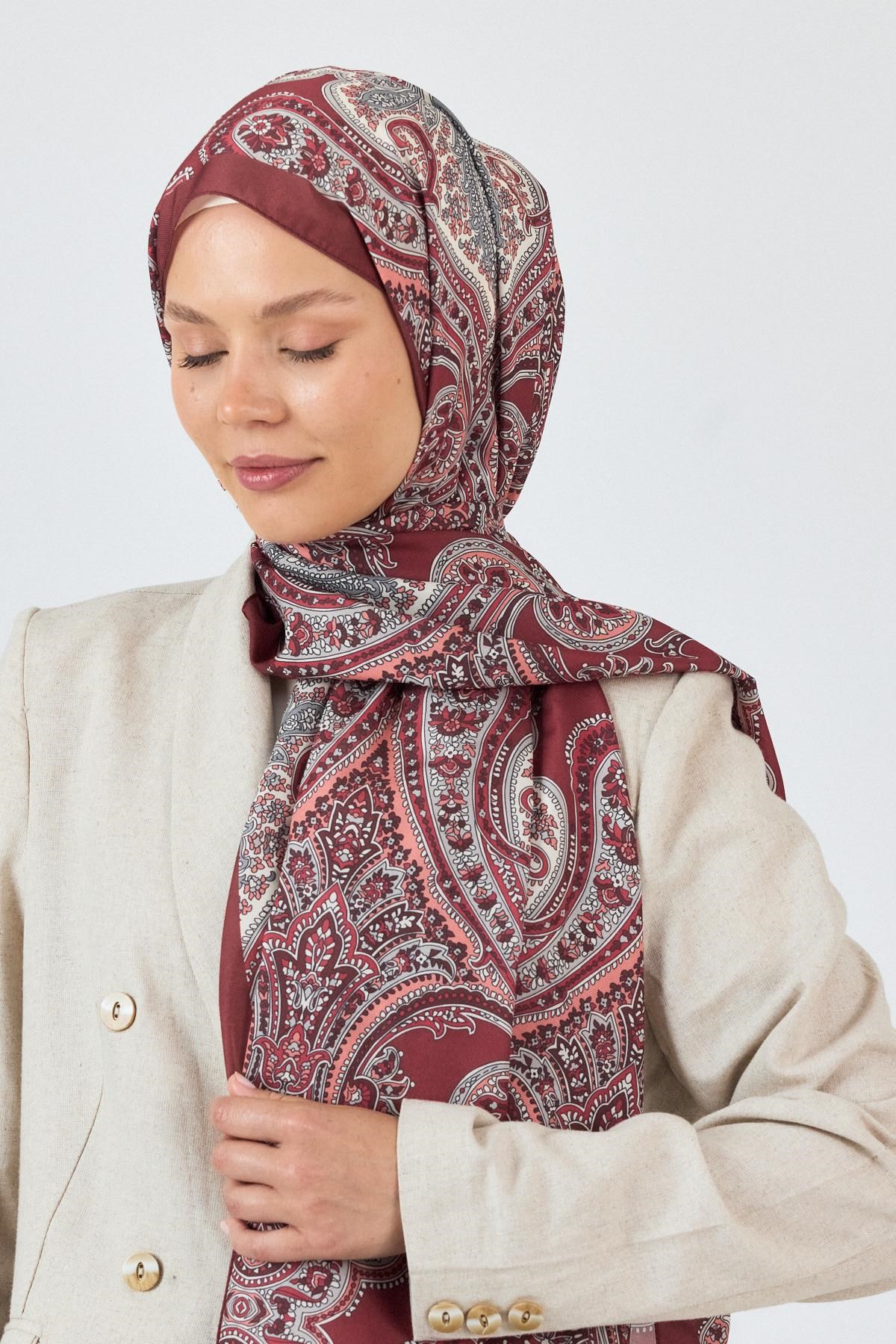 Bordo Retro Desenli Şal 4002