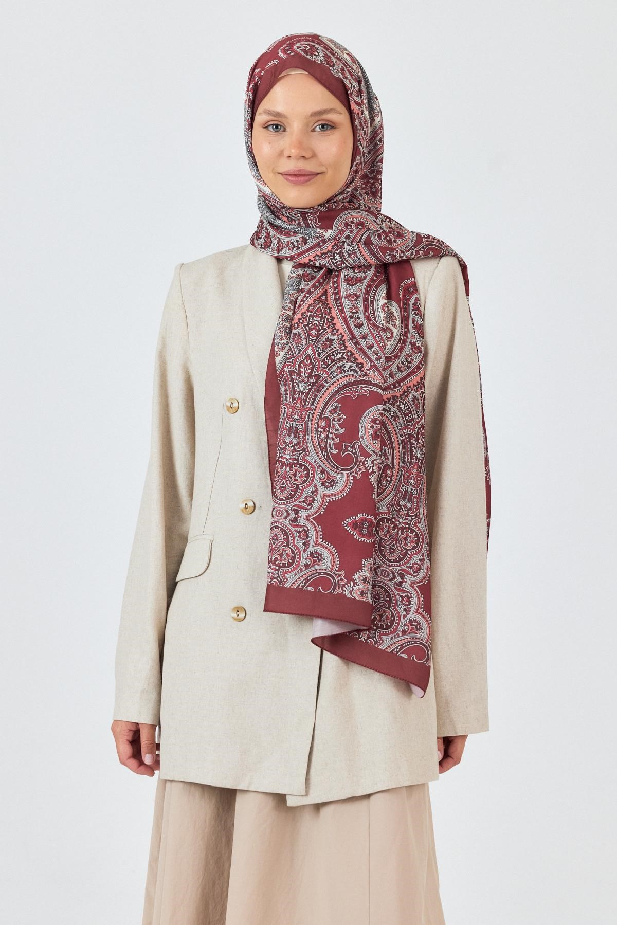 Bordo Retro Desenli Şal 4002