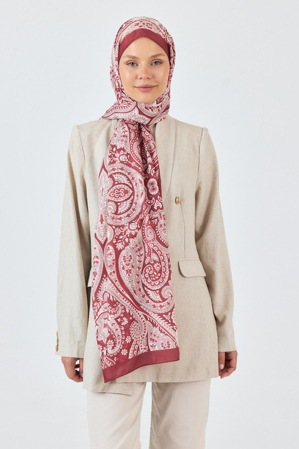 Bordo Retro Desenli Şal 4004
