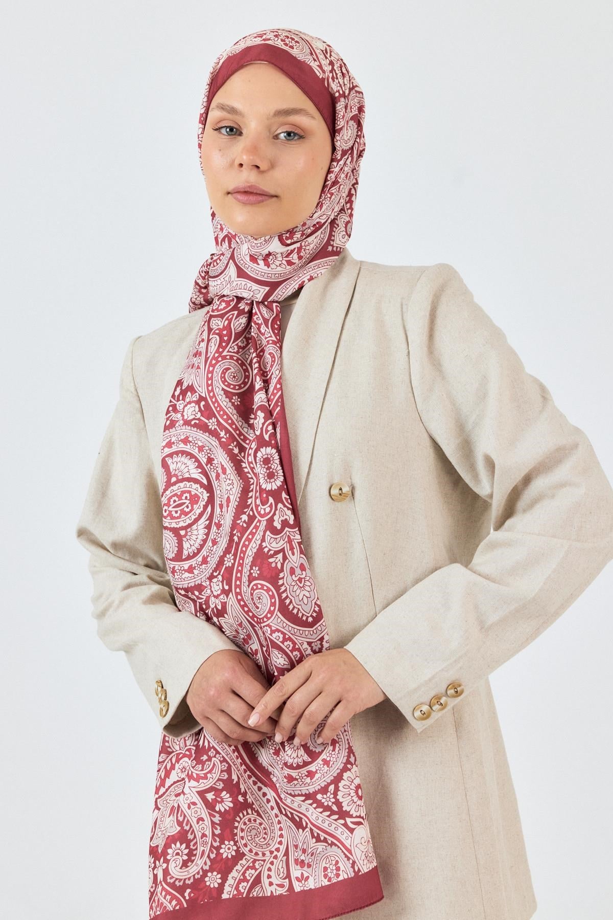 Bordo Retro Desenli Şal 4004