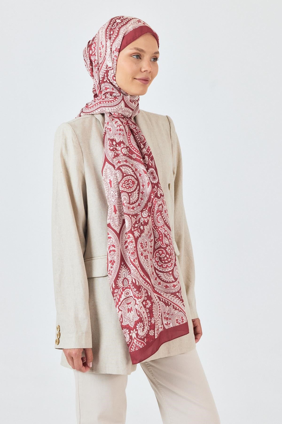 Bordo Retro Desenli Şal 4004