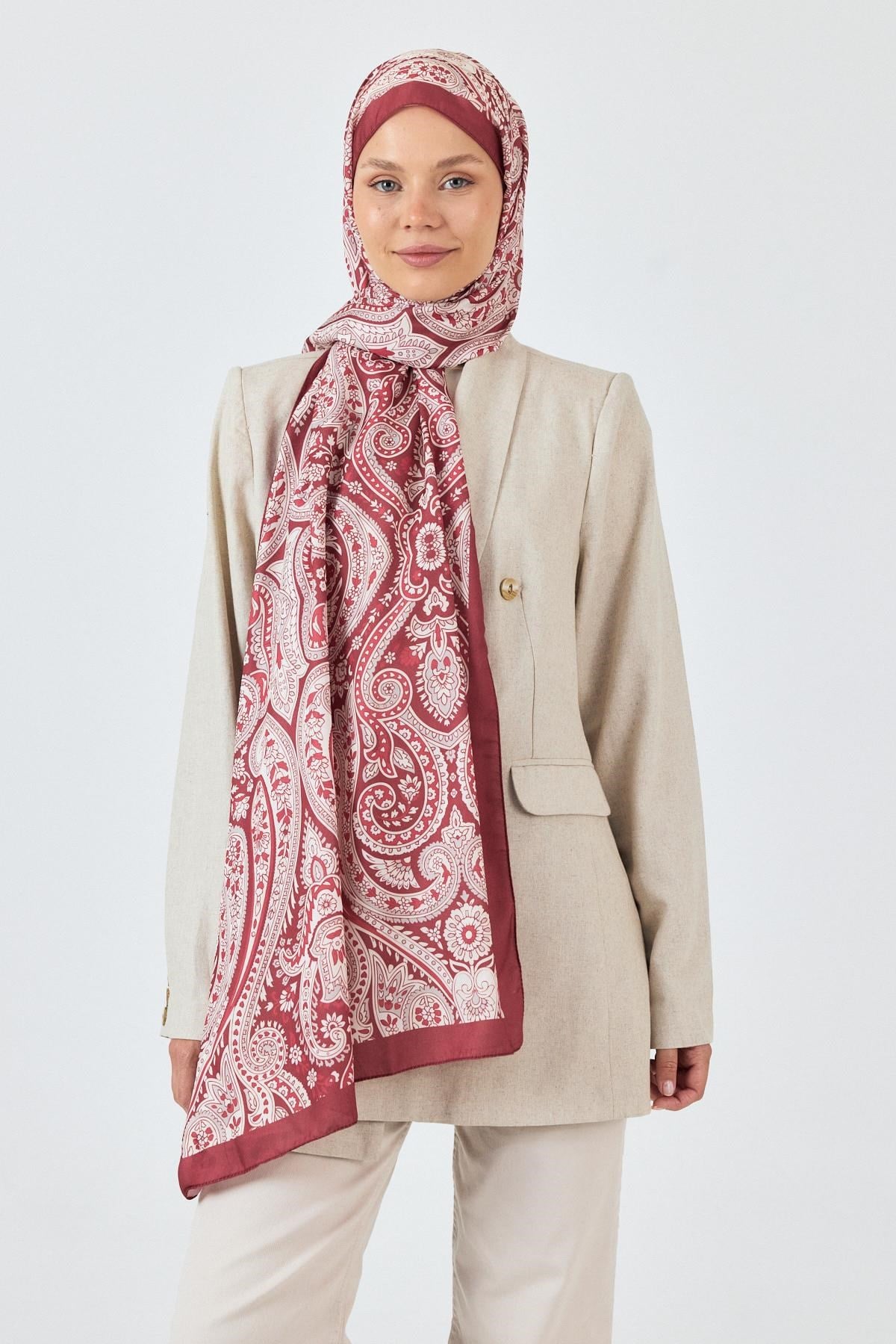 Bordo Retro Desenli Şal 4004