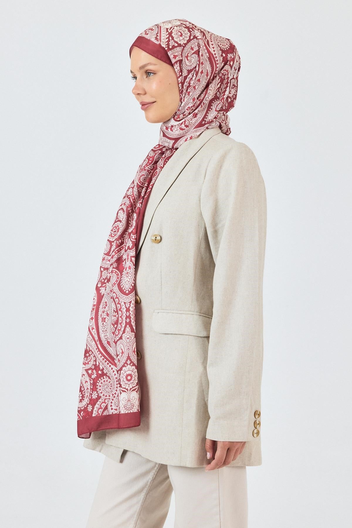 Bordo Retro Desenli Şal 4004
