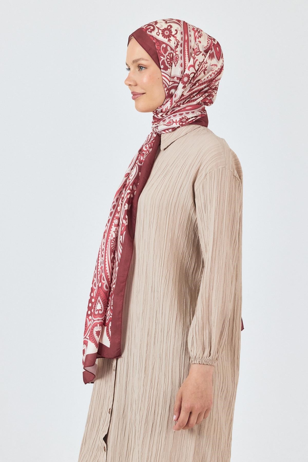 Bordo Retro Desenli Şal 5684