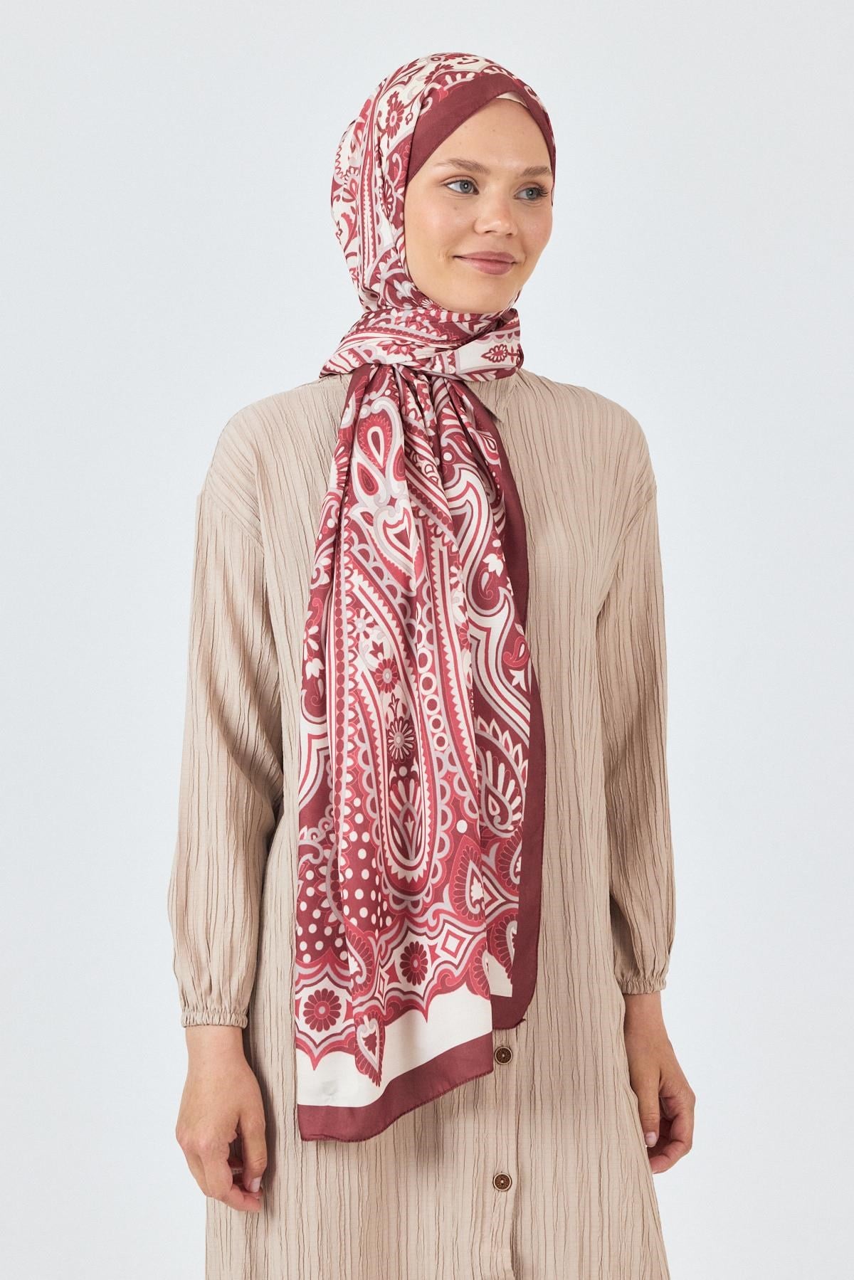 Bordo Retro Desenli Şal 5684