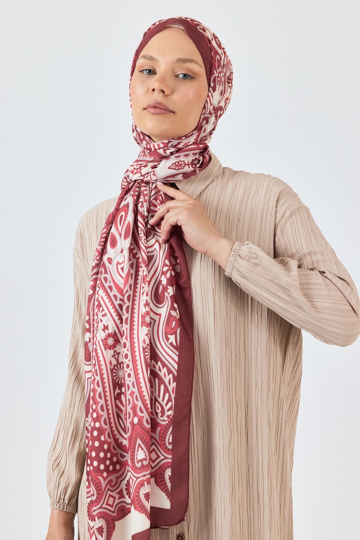 Bordo Retro Desenli Şal 5684