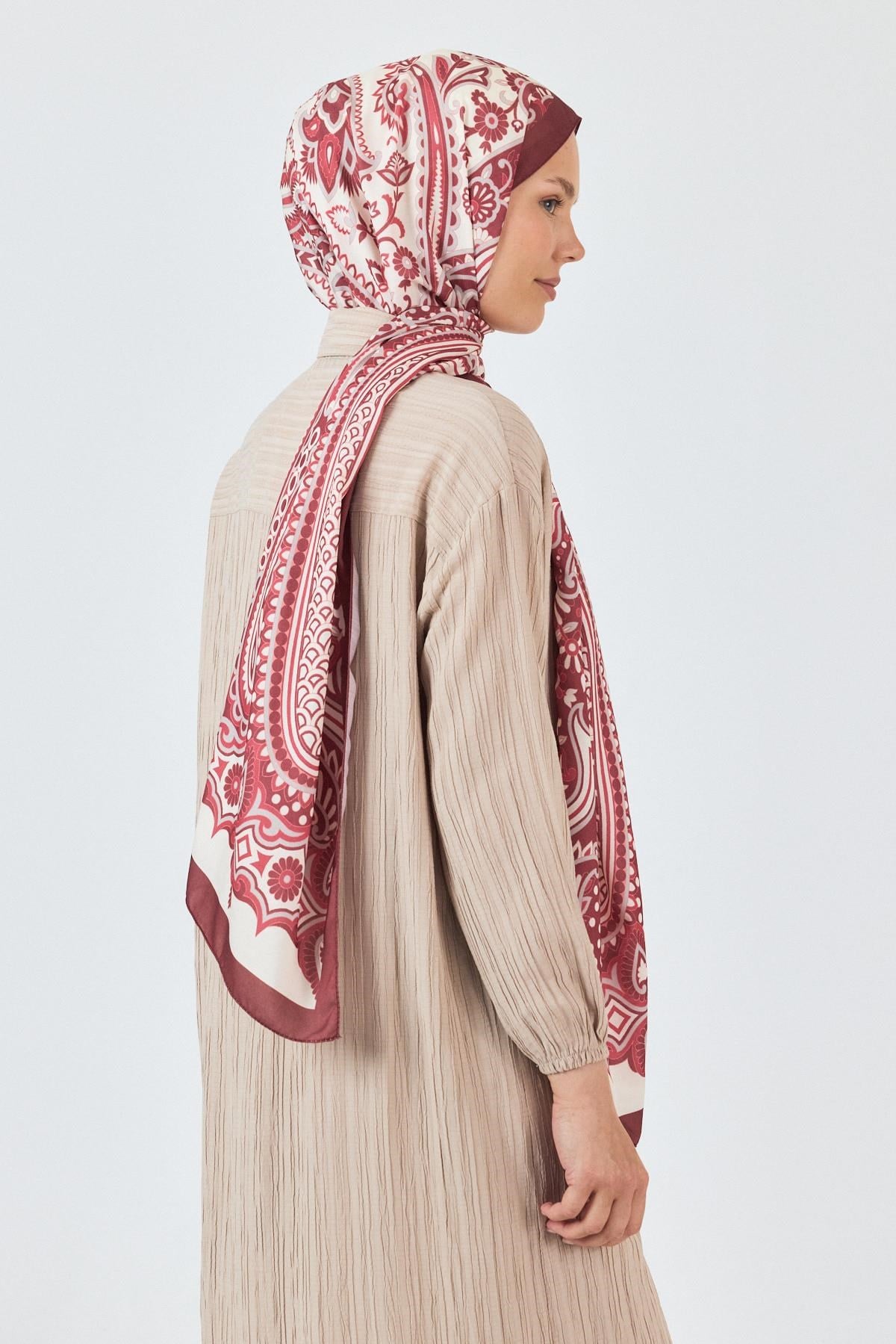 Bordo Retro Desenli Şal 5684