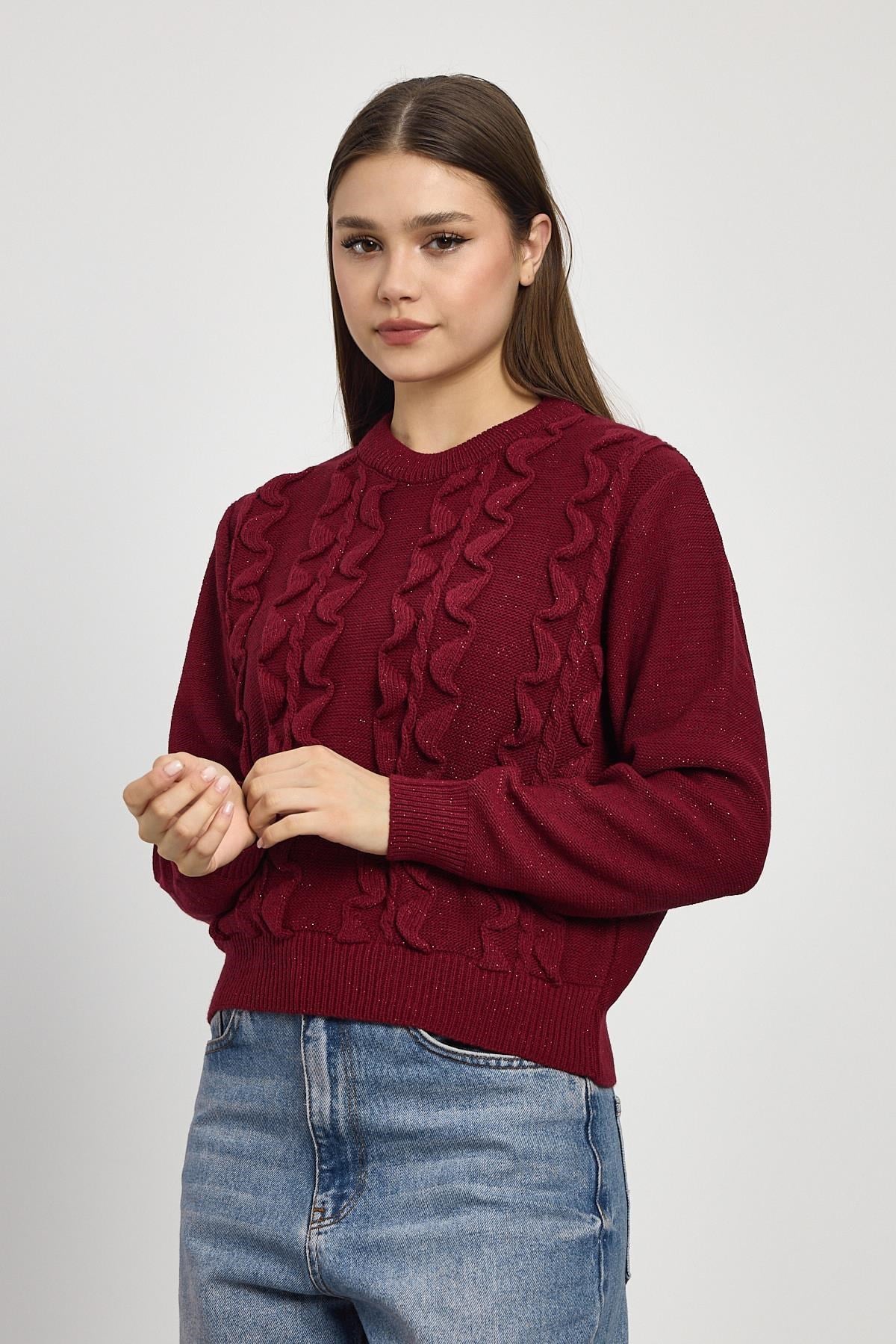 Bordo Simli Fırfır Detay Kazak 24364