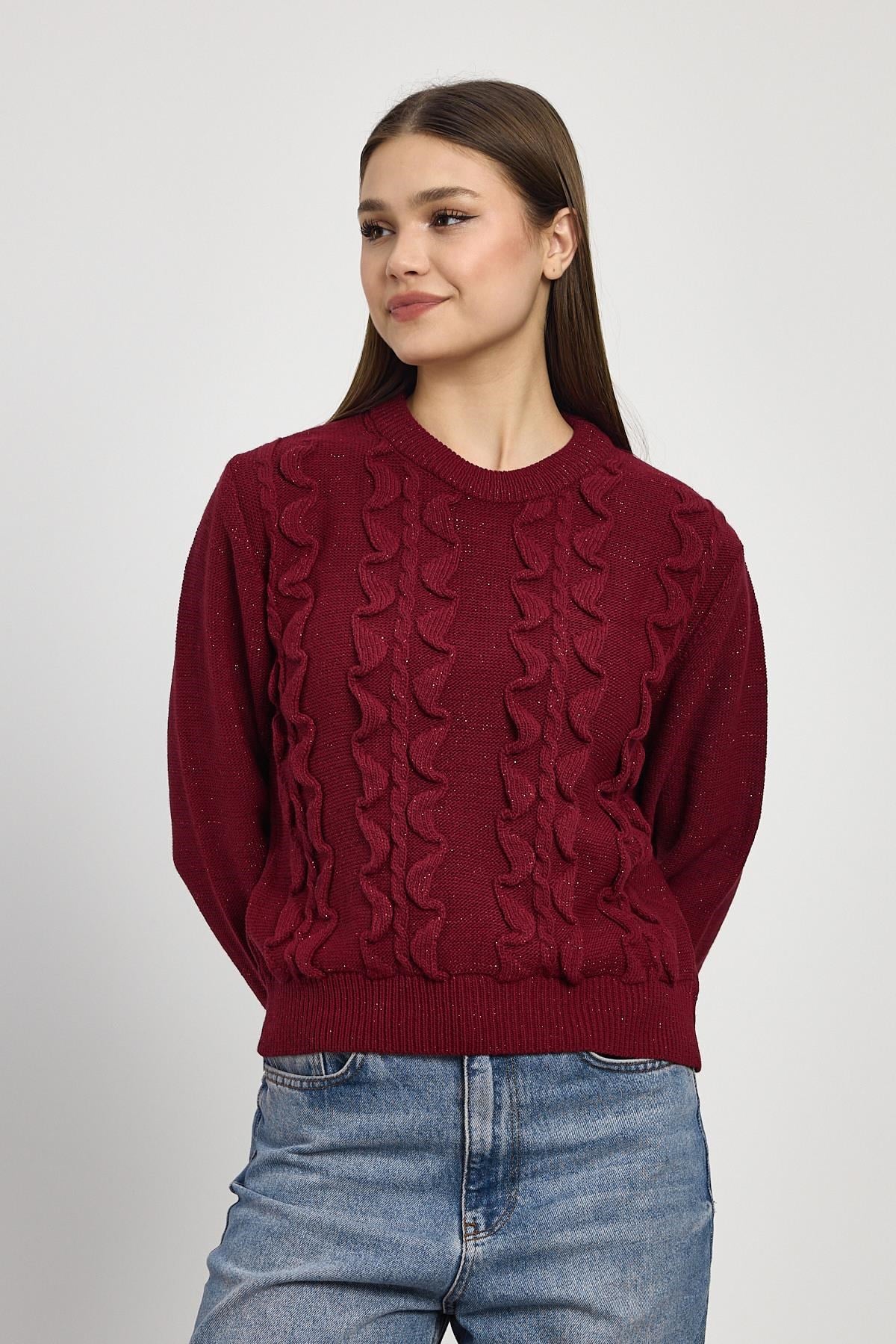 Bordo Simli Fırfır Detay Kazak 24364
