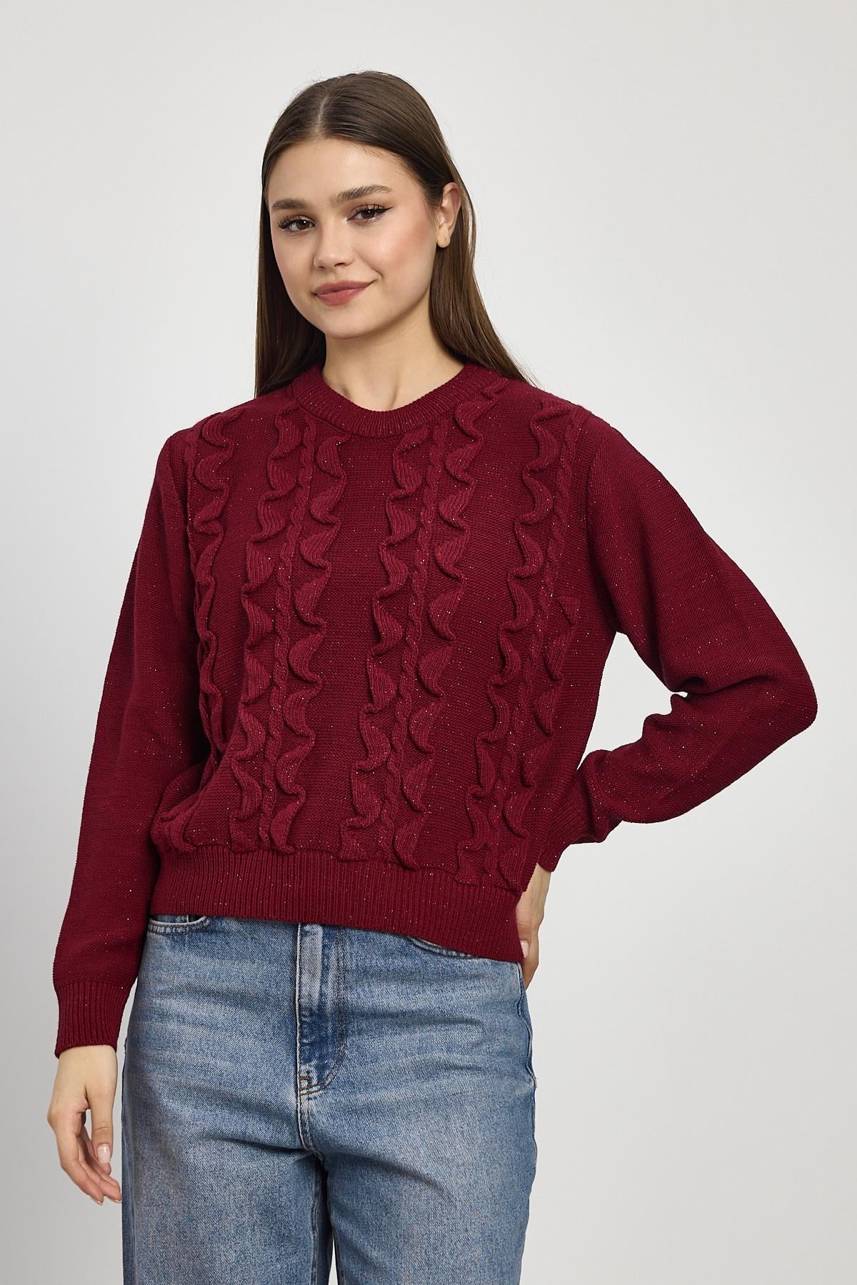 Bordo Simli Fırfır Detay Kazak 24364