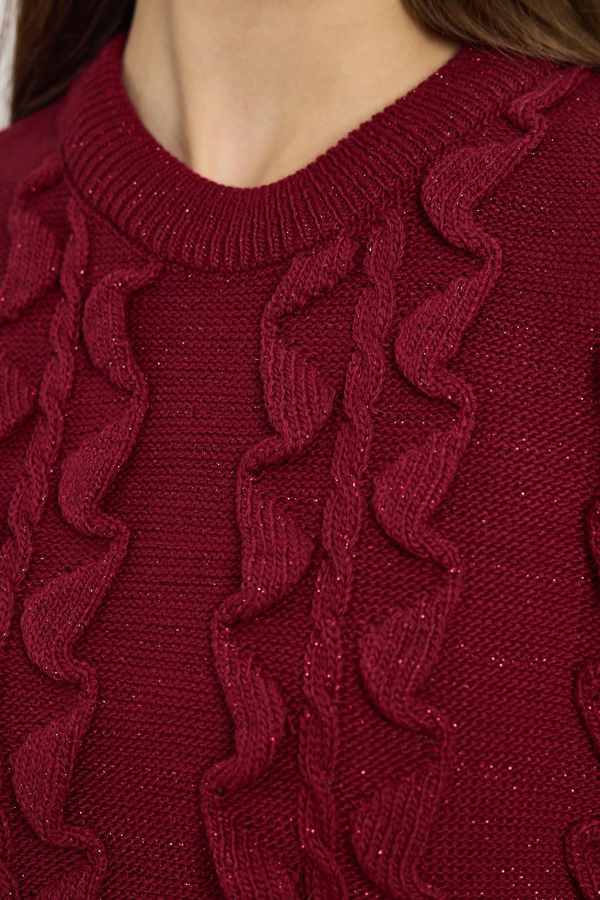Bordo Simli Fırfır Detay Kazak 24364