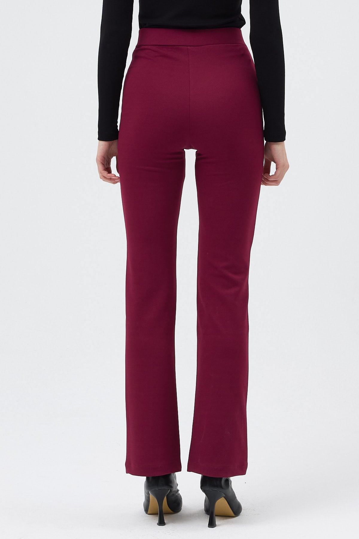 Bordo Straight/Düz Kesim Yüksek Bel Nervür Dikişli Örme Pantolon TCR-6873A