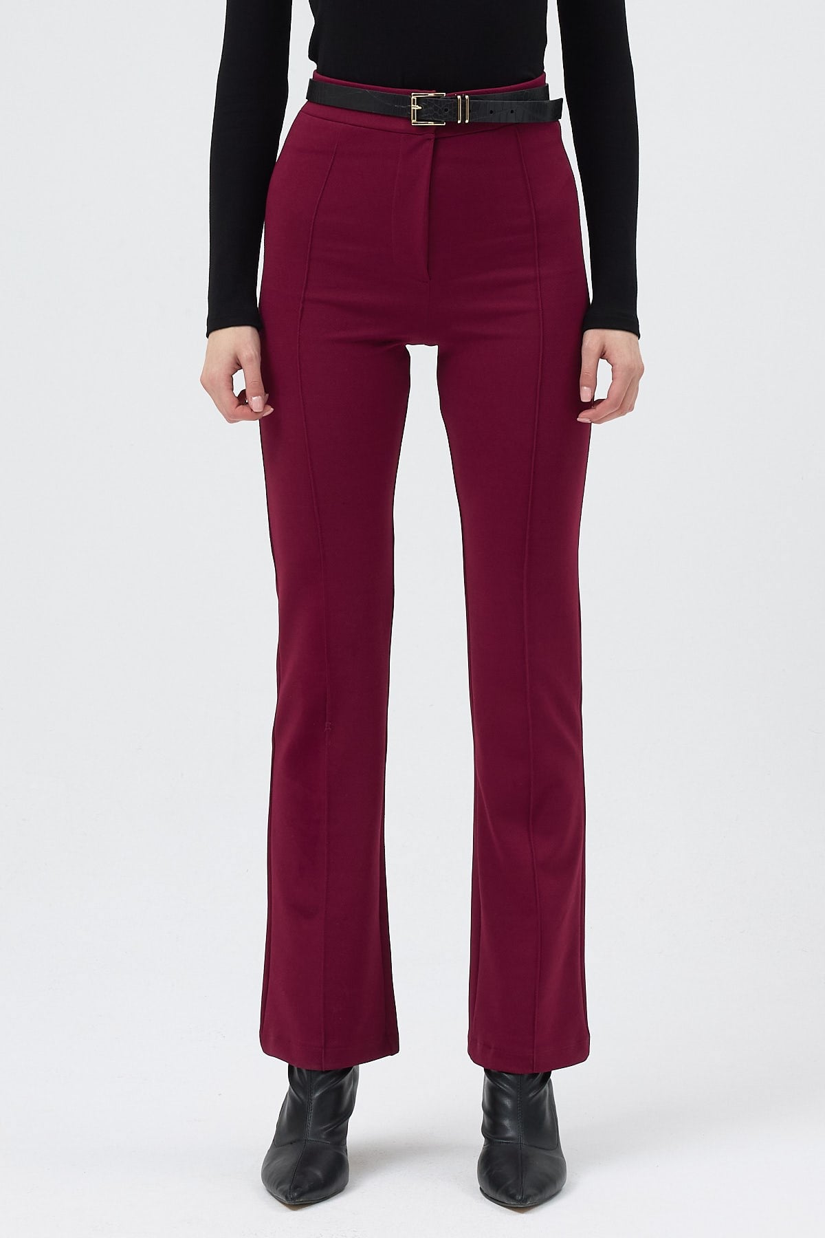 Bordo Straight/Düz Kesim Yüksek Bel Nervür Dikişli Örme Pantolon TCR-6873A