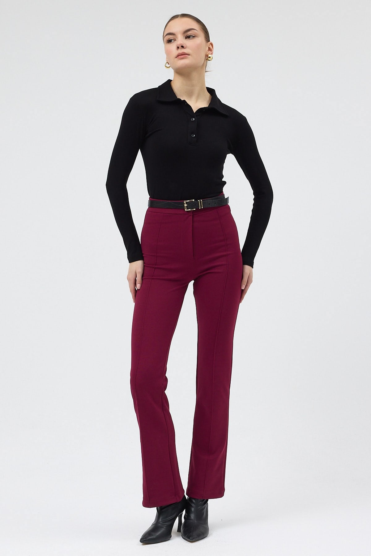 Bordo Straight/Düz Kesim Yüksek Bel Nervür Dikişli Örme Pantolon TCR-6873A