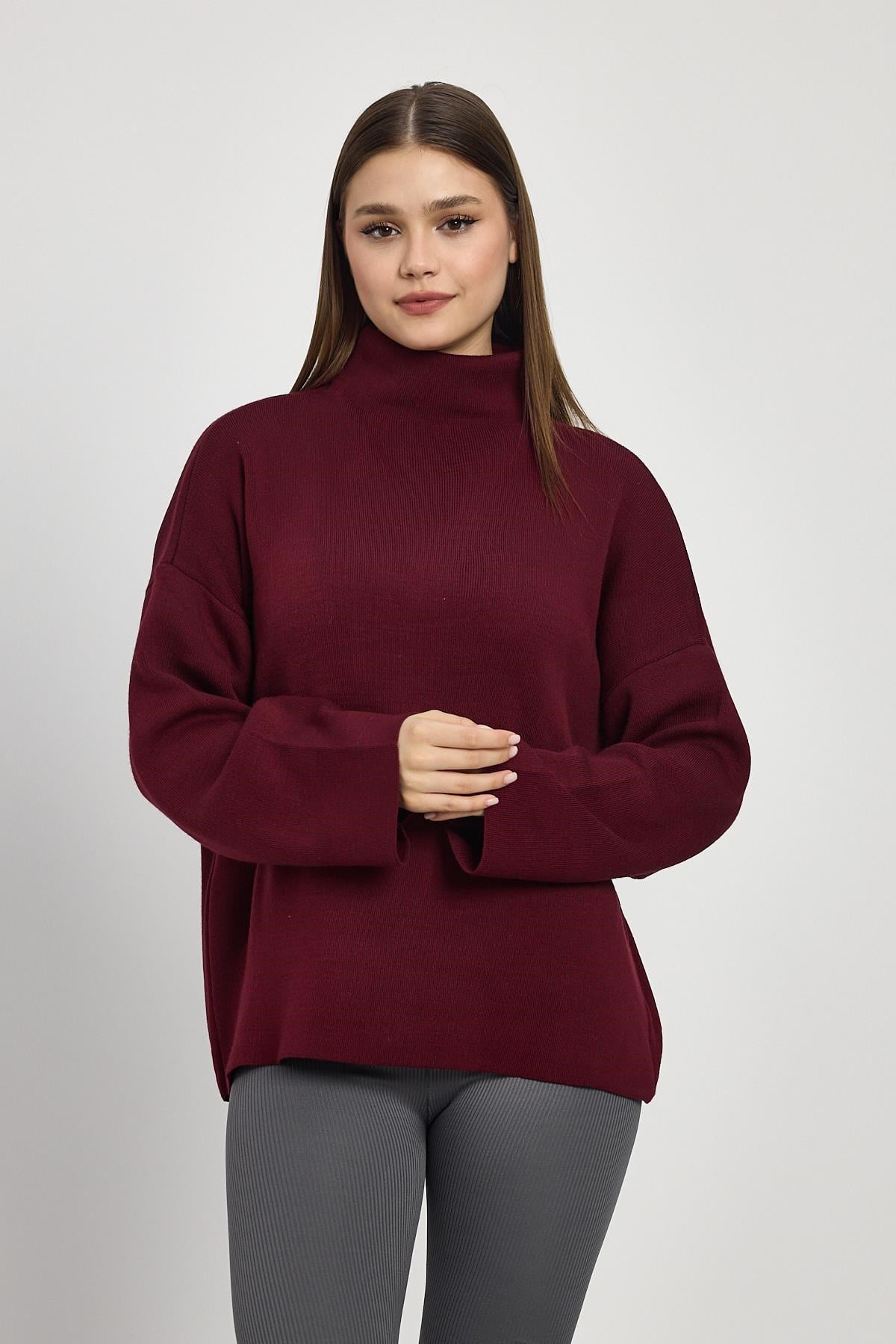 Bordo Tam Boğaz Triko Kazak 23374