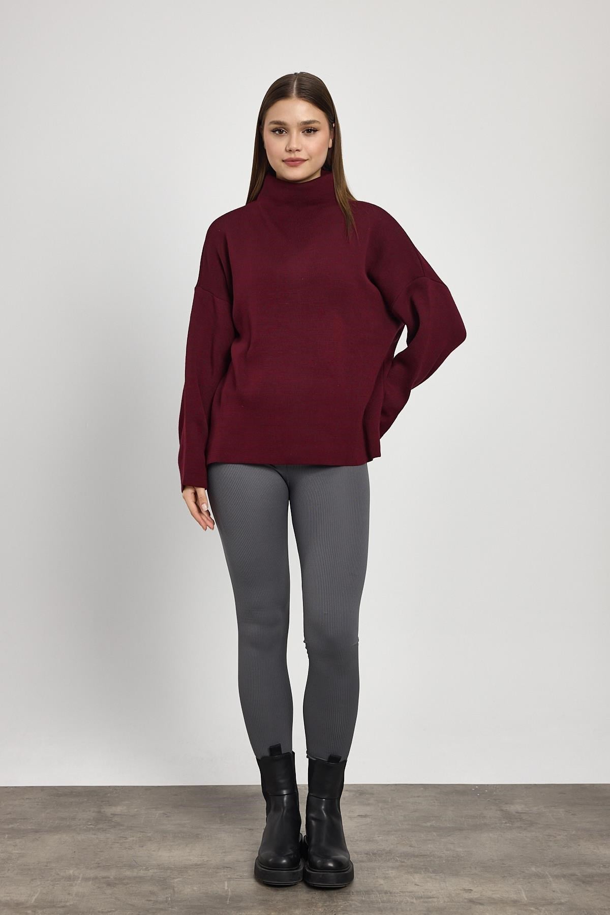 Bordo Tam Boğaz Triko Kazak 23374