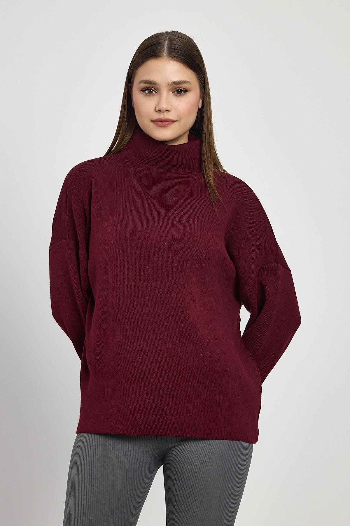 Bordo Tam Boğaz Triko Kazak 23374