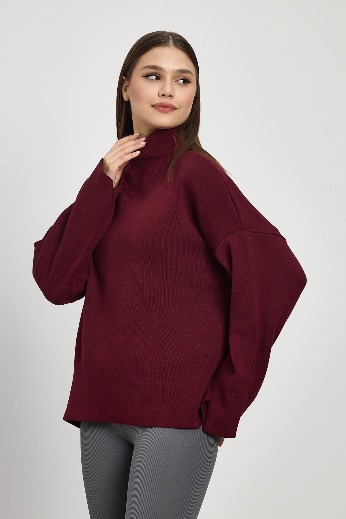 Bordo Tam Boğaz Triko Kazak 23374
