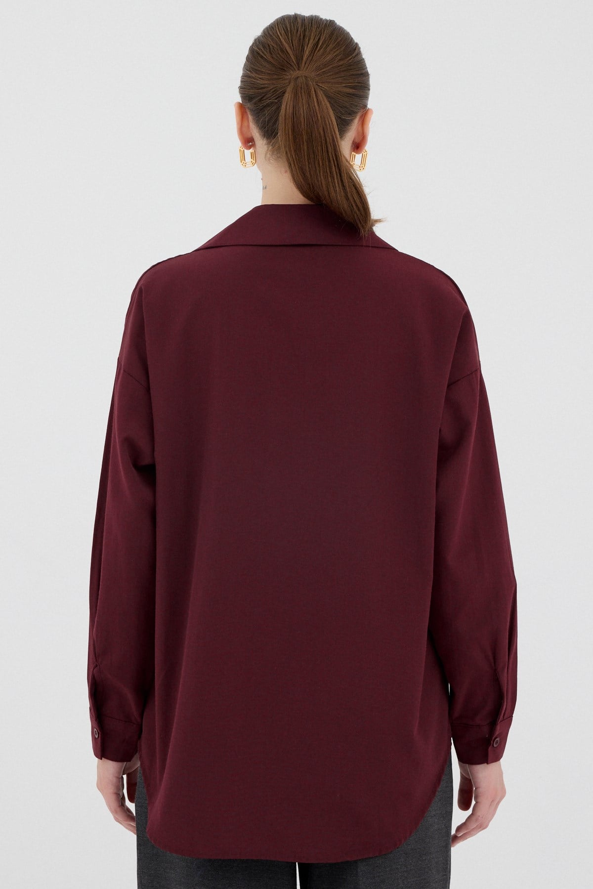Bordo Tek Cepli Oversize Gömlek 8158A