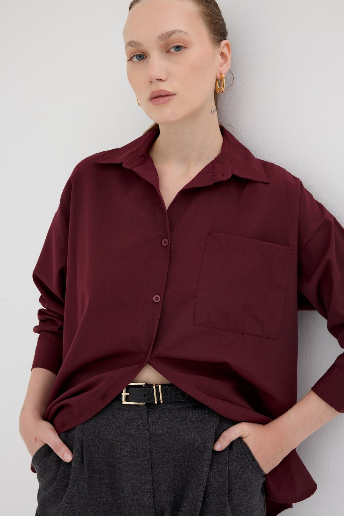 Bordo Tek Cepli Oversize Gömlek 8158A