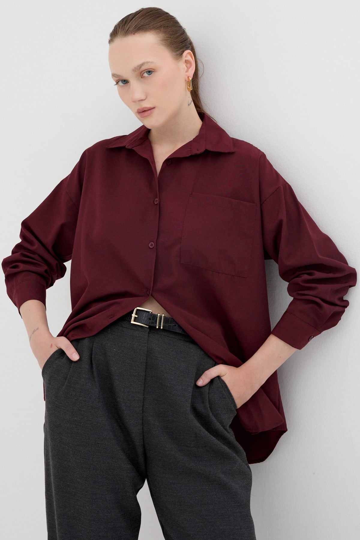 Bordo Tek Cepli Oversize Gömlek 8158A