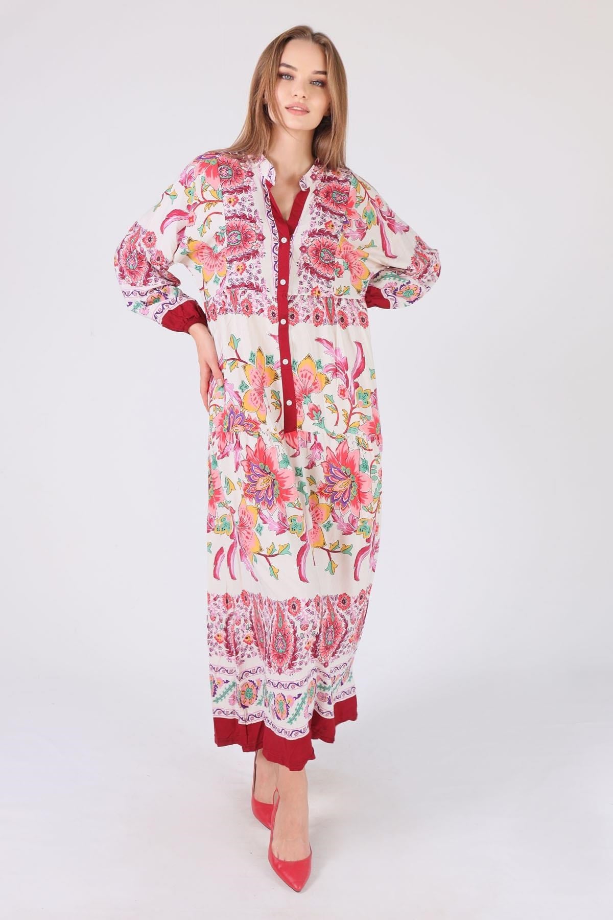 Bordo Uzun Desenli Elbise 2627