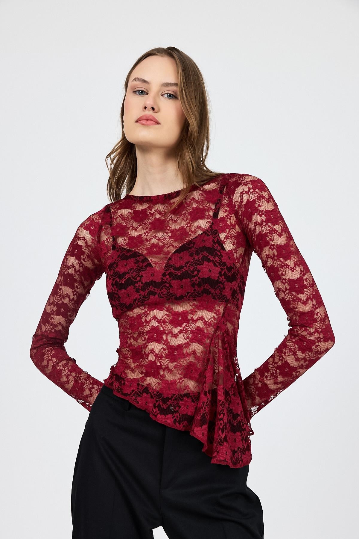 Bordo Uzun Kollu Transparan Dantel Bluz 13288