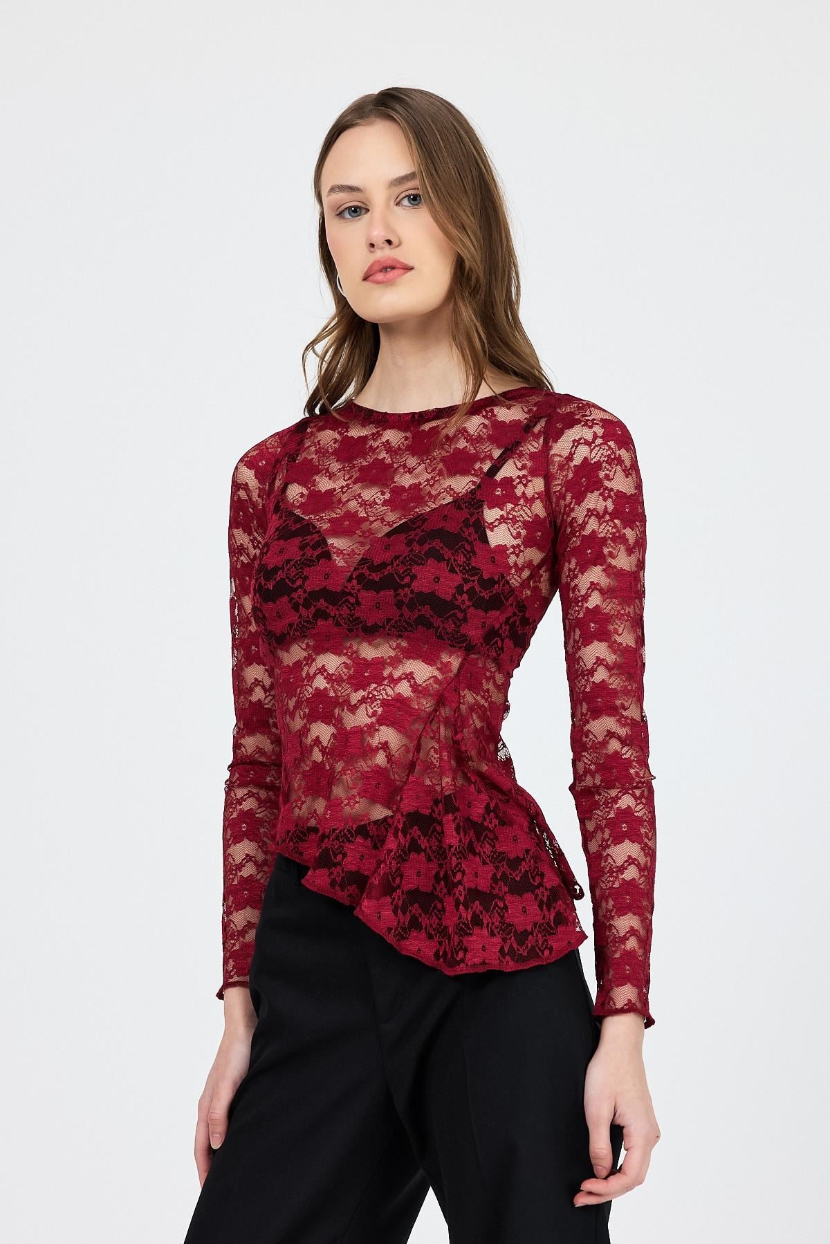 Bordo Uzun Kollu Transparan Dantel Bluz 13288