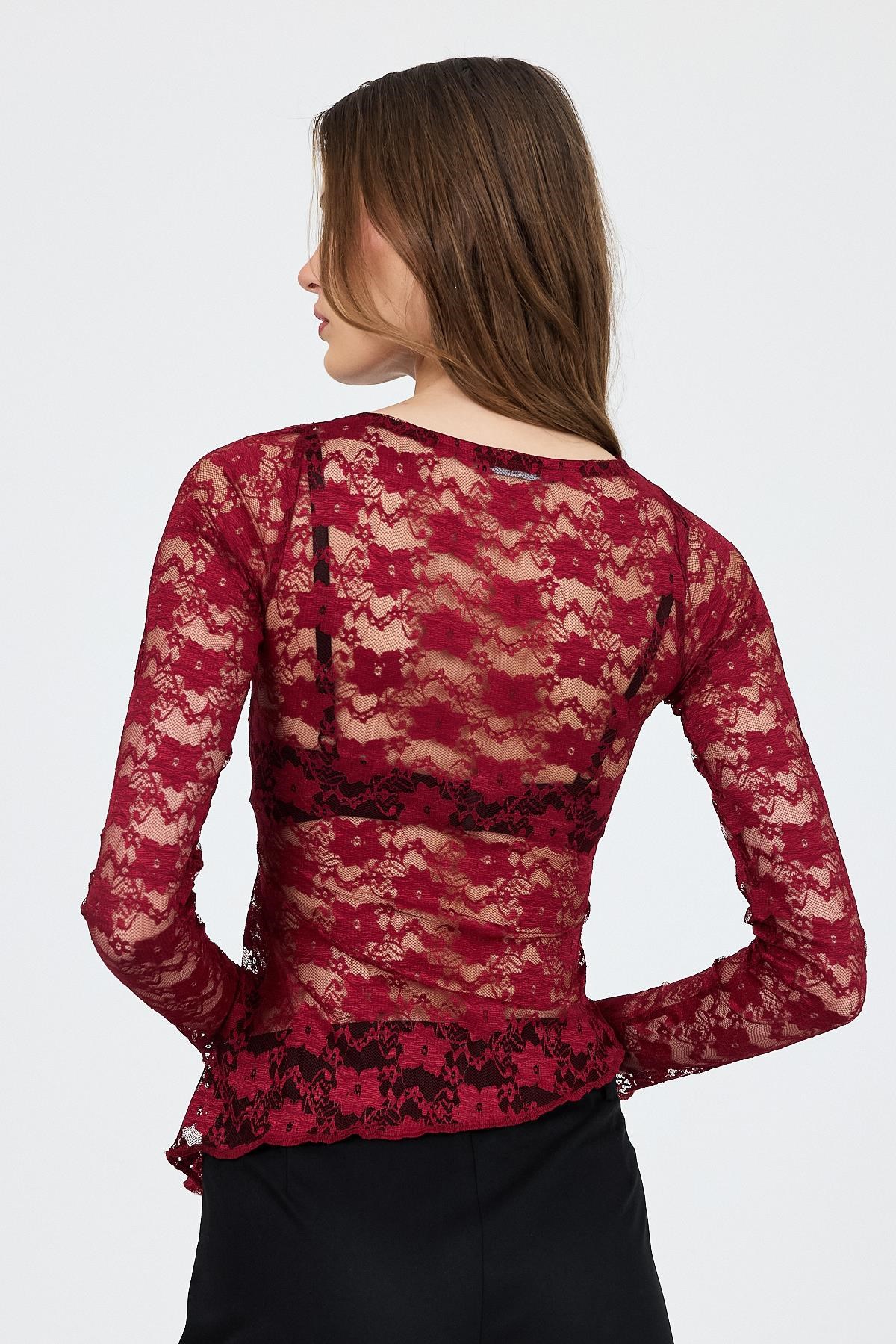 Bordo Uzun Kollu Transparan Dantel Bluz 13288