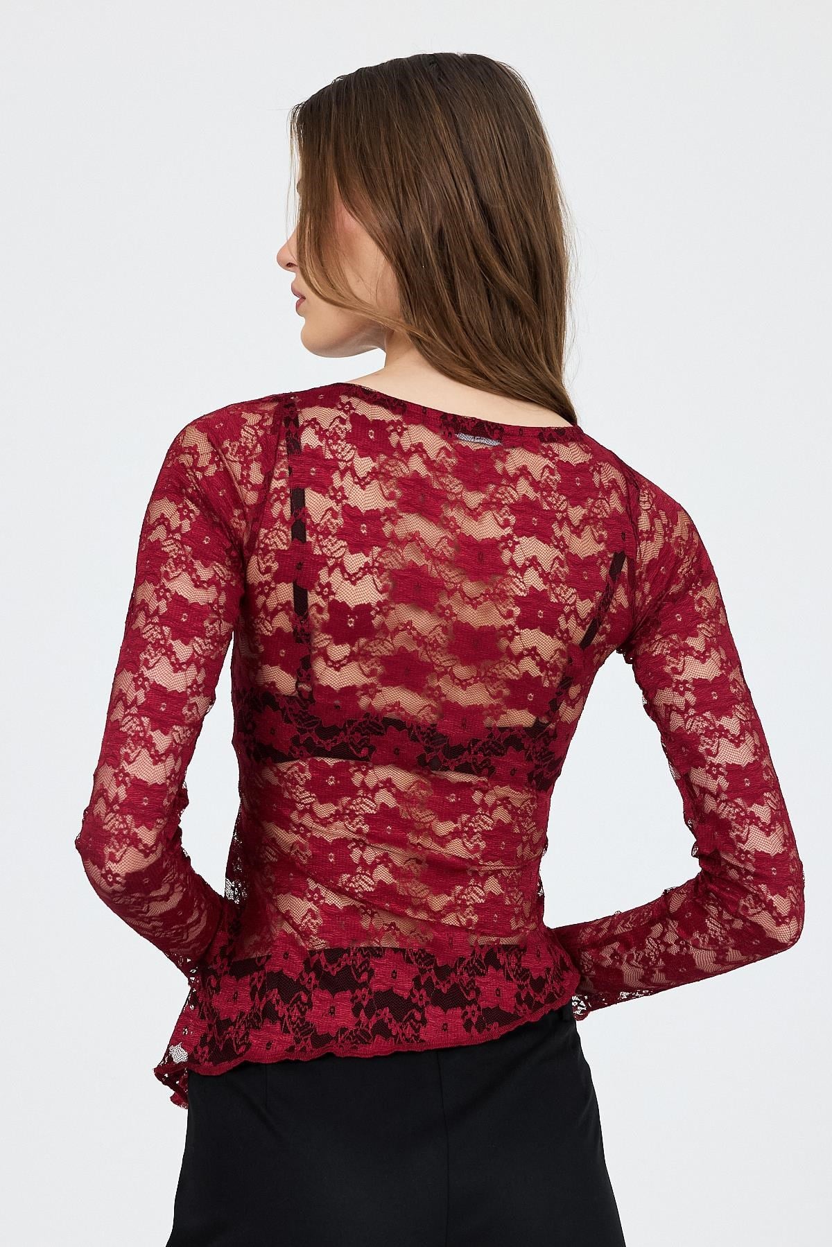 Bordo Uzun Kollu Transparan Dantel Bluz 13288