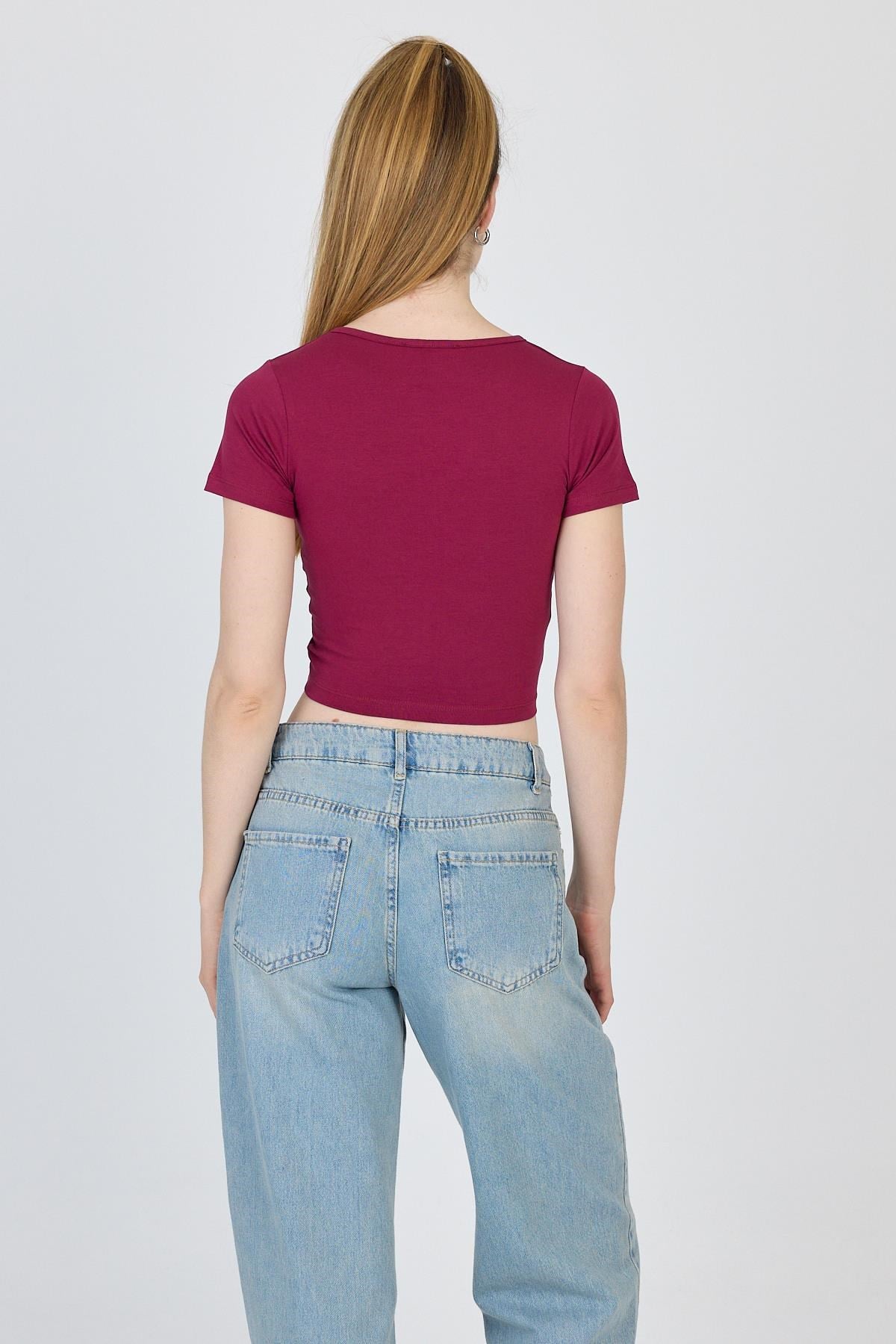 Bordo V Yaka Büzgülü Crop Tişört 9201M