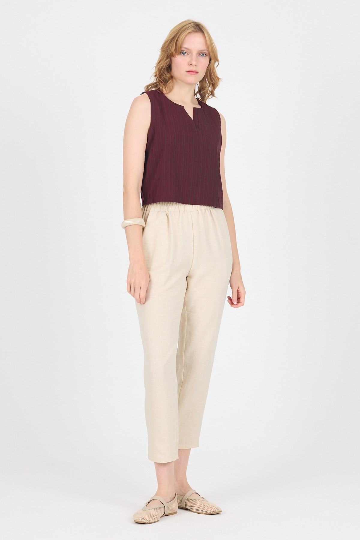 Bordo V Yaka Kolsuz Crop Bluz 8027