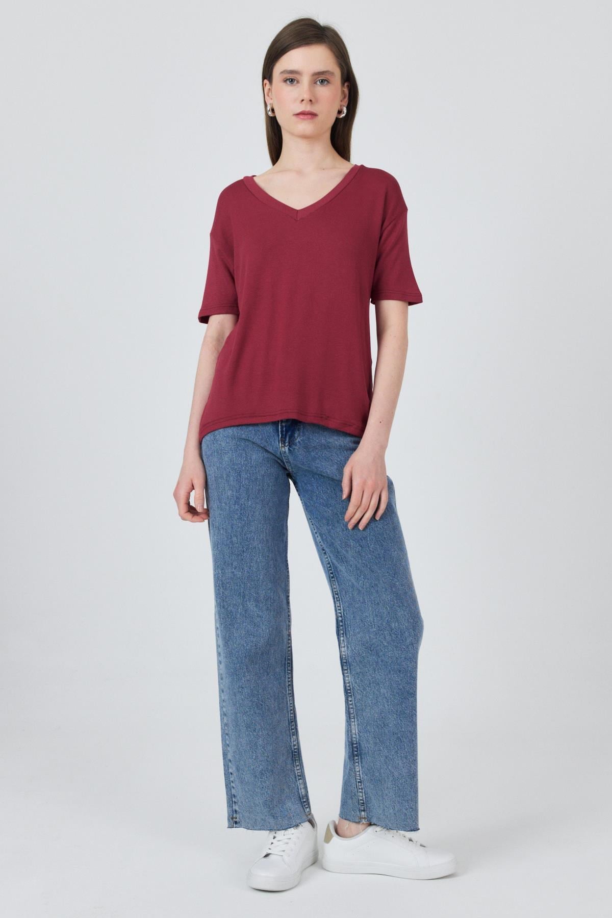 Bordo V Yaka Viskoz/Yumuşak Kumaş Dökümlü Tişört 3077