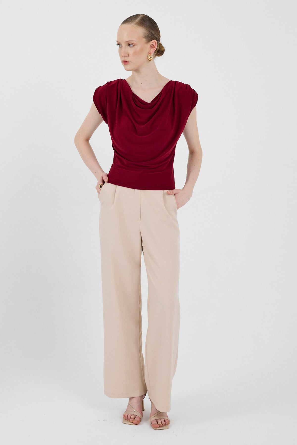 Bordo Vatkalı Degaje Yaka Bluz 2509