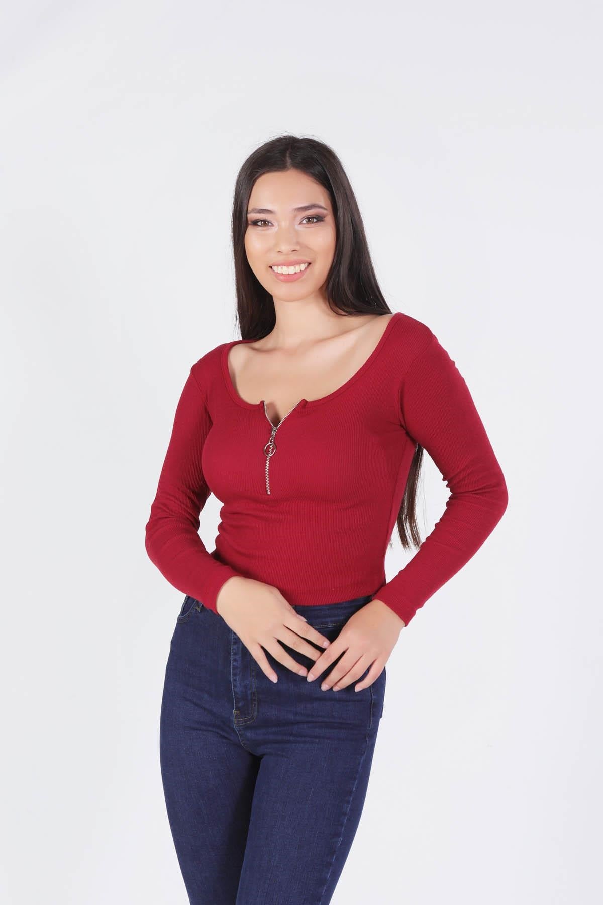 Bordo Yaka Fermuarlı Bluz 1057