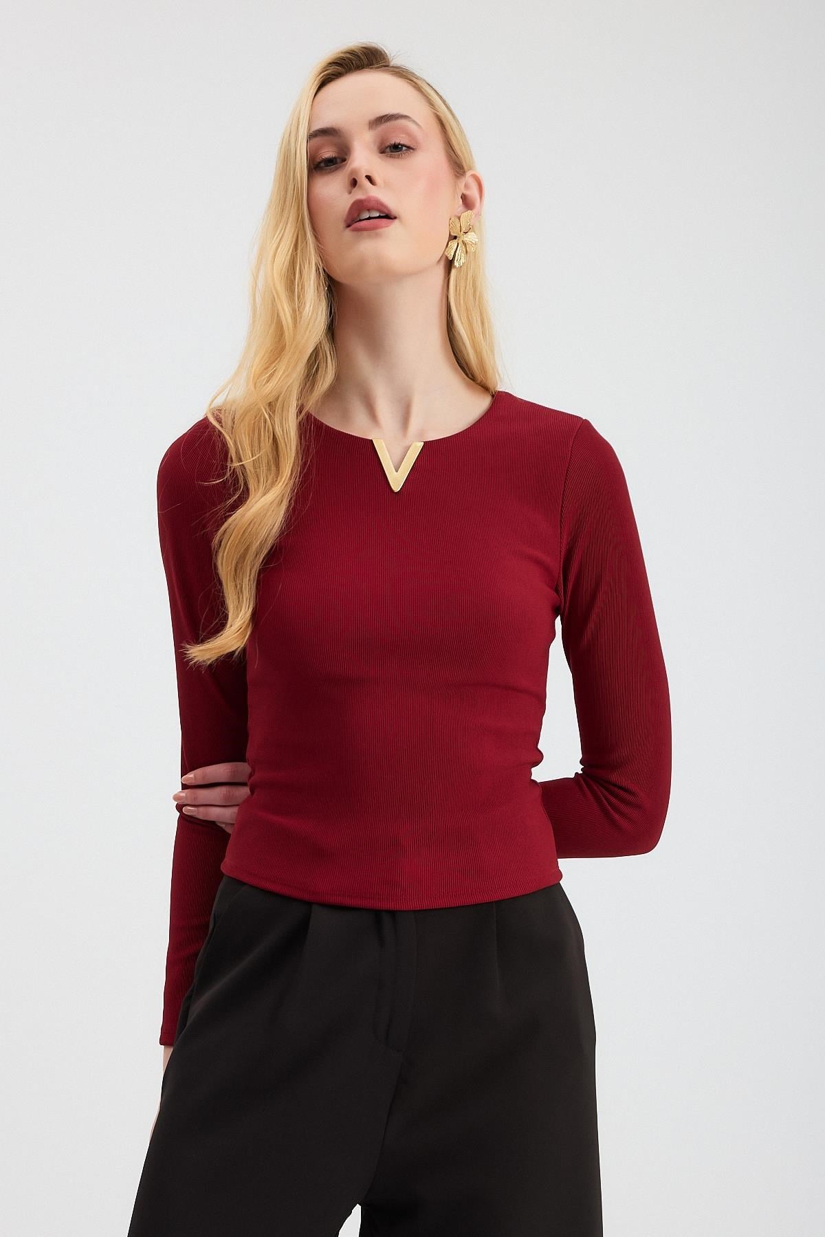 Bordo Yaka V Demir Bluz 13084