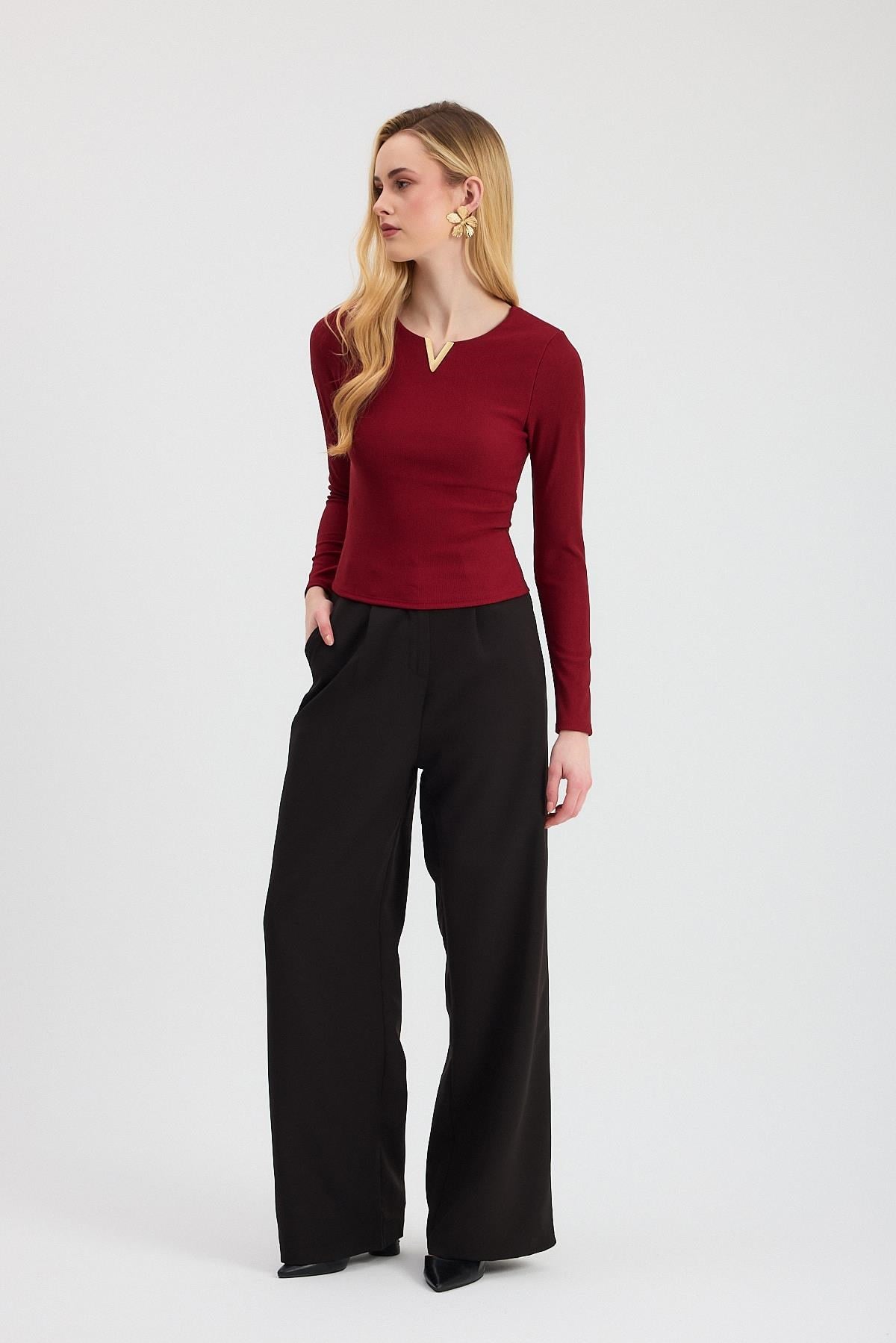 Bordo Yaka V Demir Bluz 13084