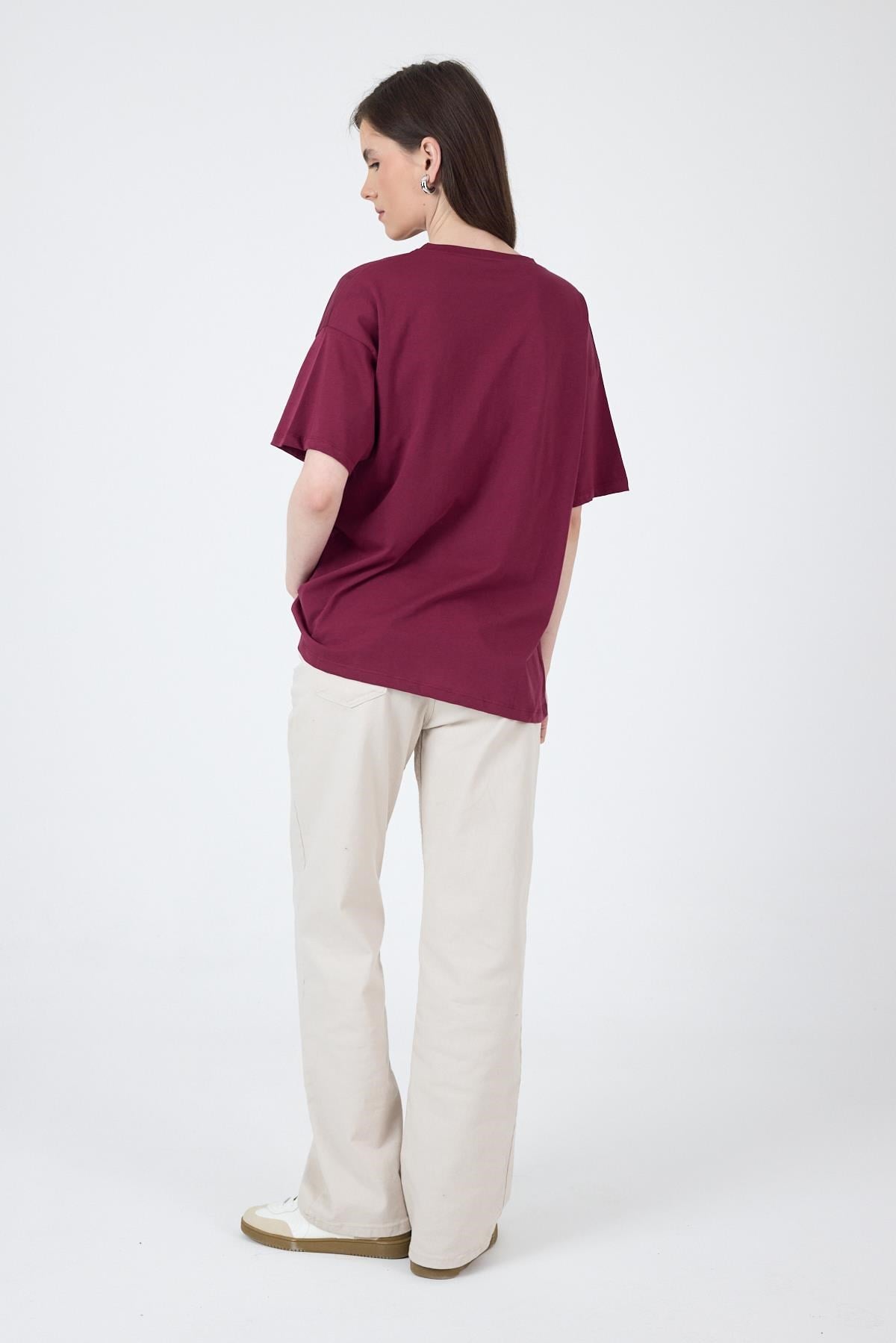 Bordo Yaka Yazı Baskılı Oversize Pamuklu  Tişört 2150-34M